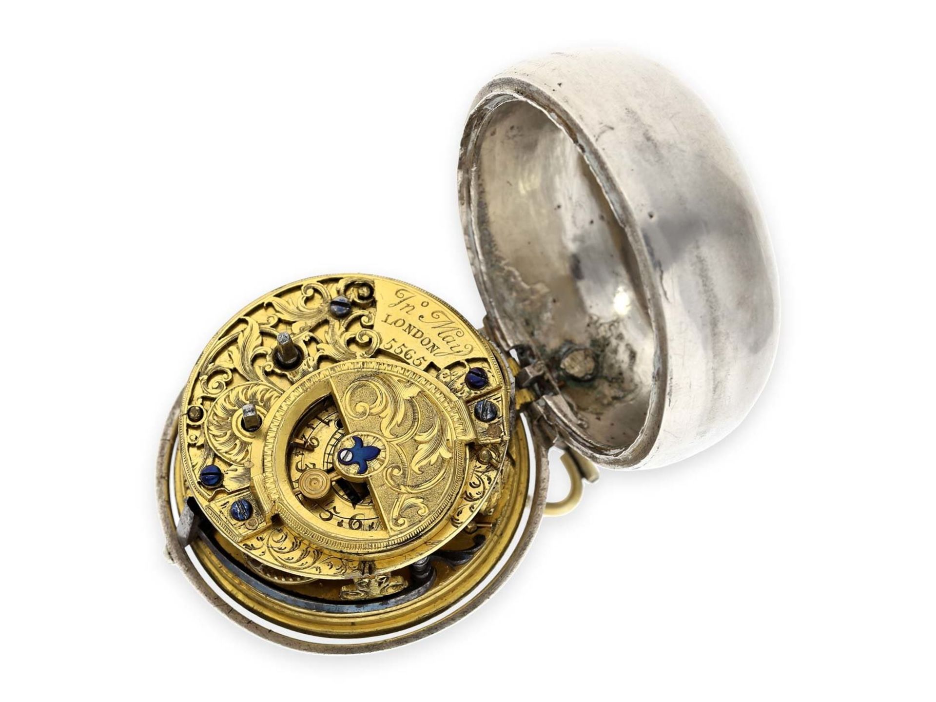 Pocket watch: early large English "Oignon" with date and mock pendulum, John May London No. 5565, - Bild 4 aus 7