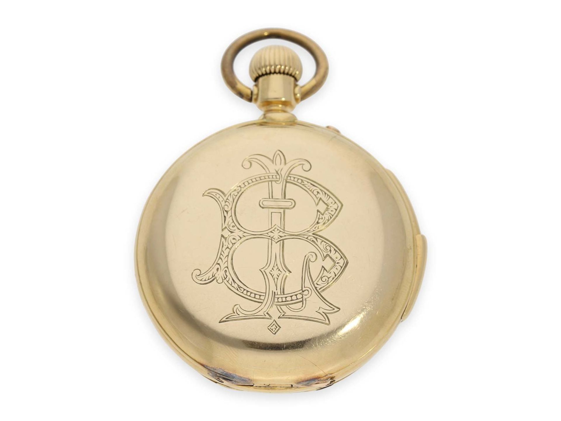 Pocket watch: early Le Coultre gold hunting case watch with concealed enamel painting and minute - Bild 6 aus 7