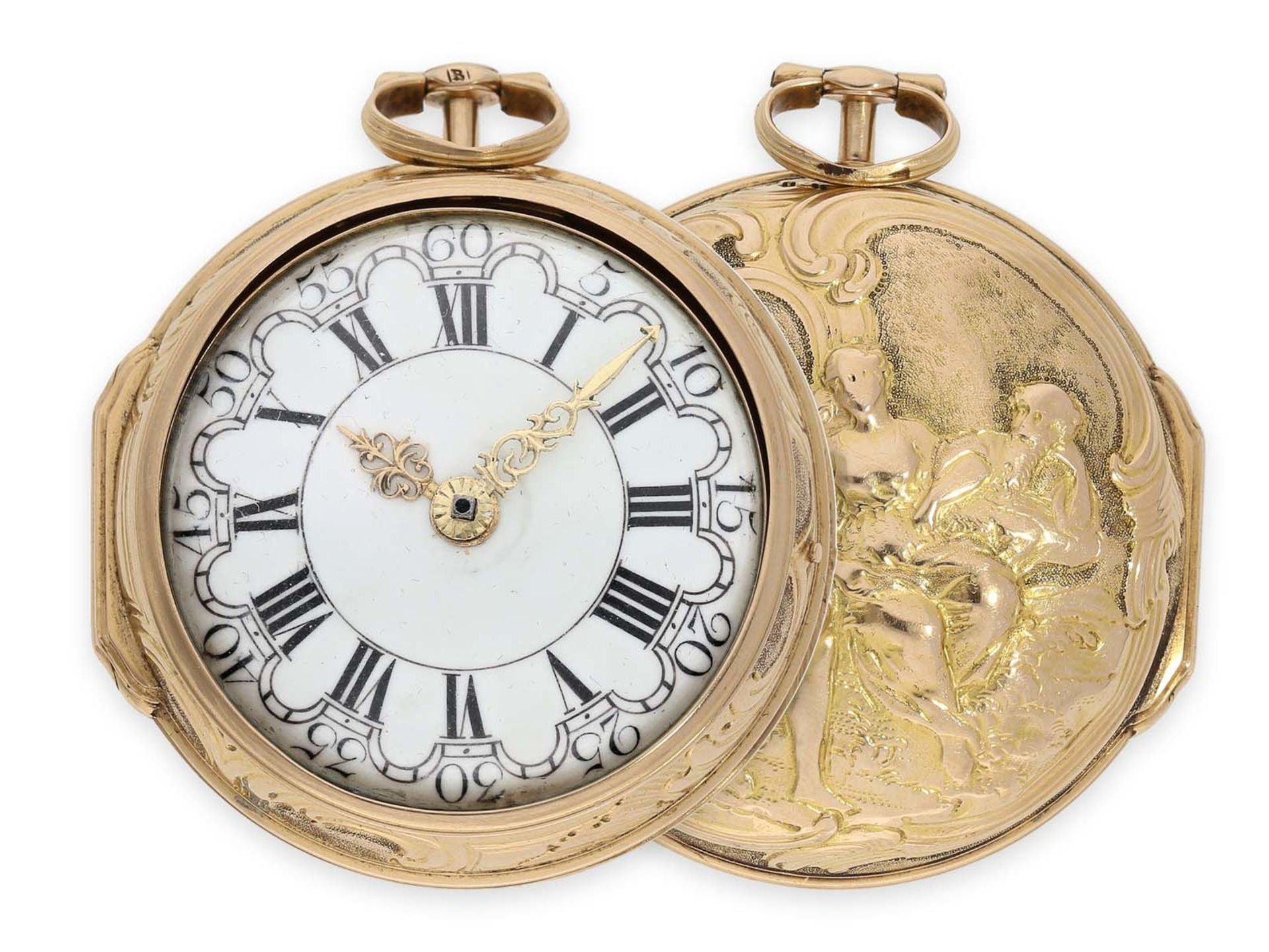 Pocket watch: early triple case gold repousse verge watch, signed Rose London, ca. 1770Ca. Ø53mm,