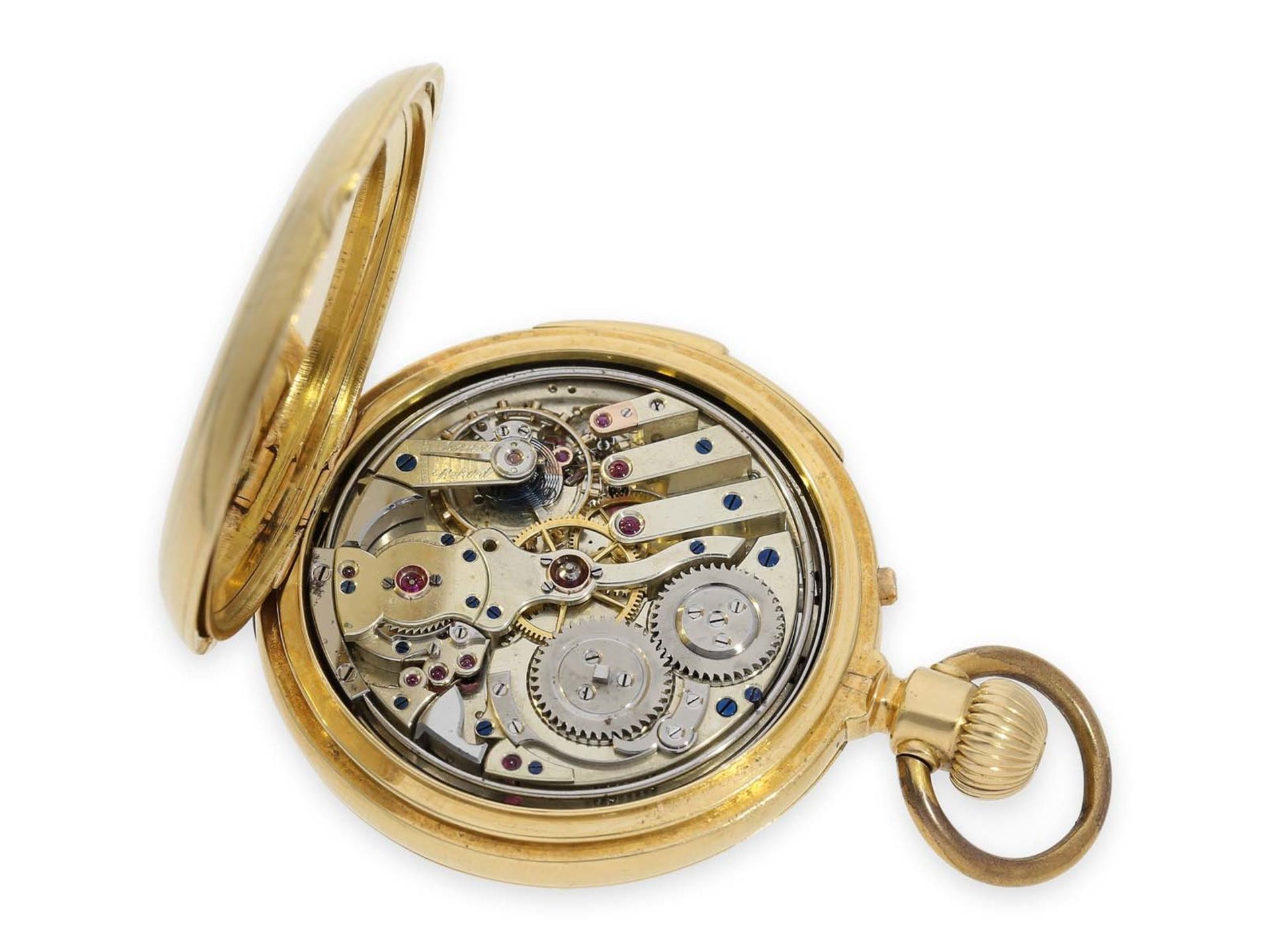 Pocket watch: early Le Coultre gold hunting case watch with concealed enamel painting and minute - Bild 4 aus 7