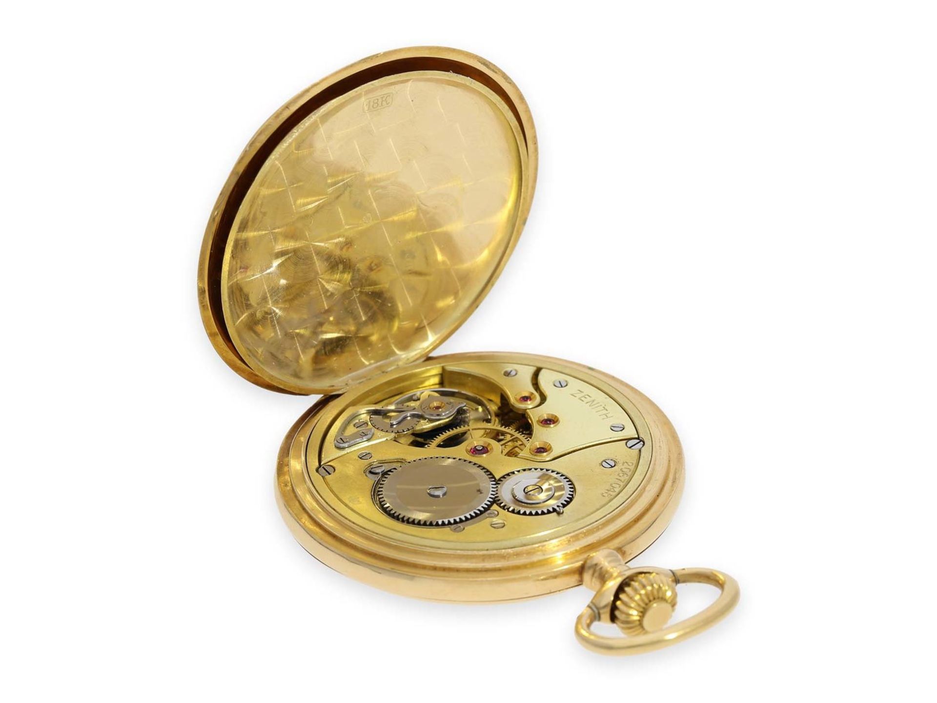 Pocket watch: 18K Zenith gold hunting case watch, ca. 1910Ca. Ø51.5mm, ca. 86g, 18K gold, all 3 lids - Bild 3 aus 7