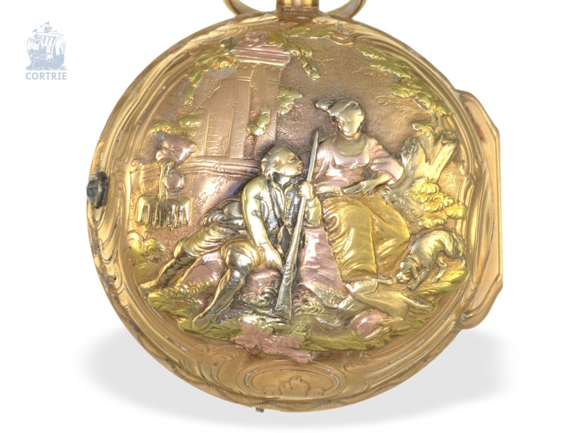 Pocket watch: splendid rococo verge watch with 4-coloured gold case, a toc & a tact repeater, Freres - Bild 3 aus 4