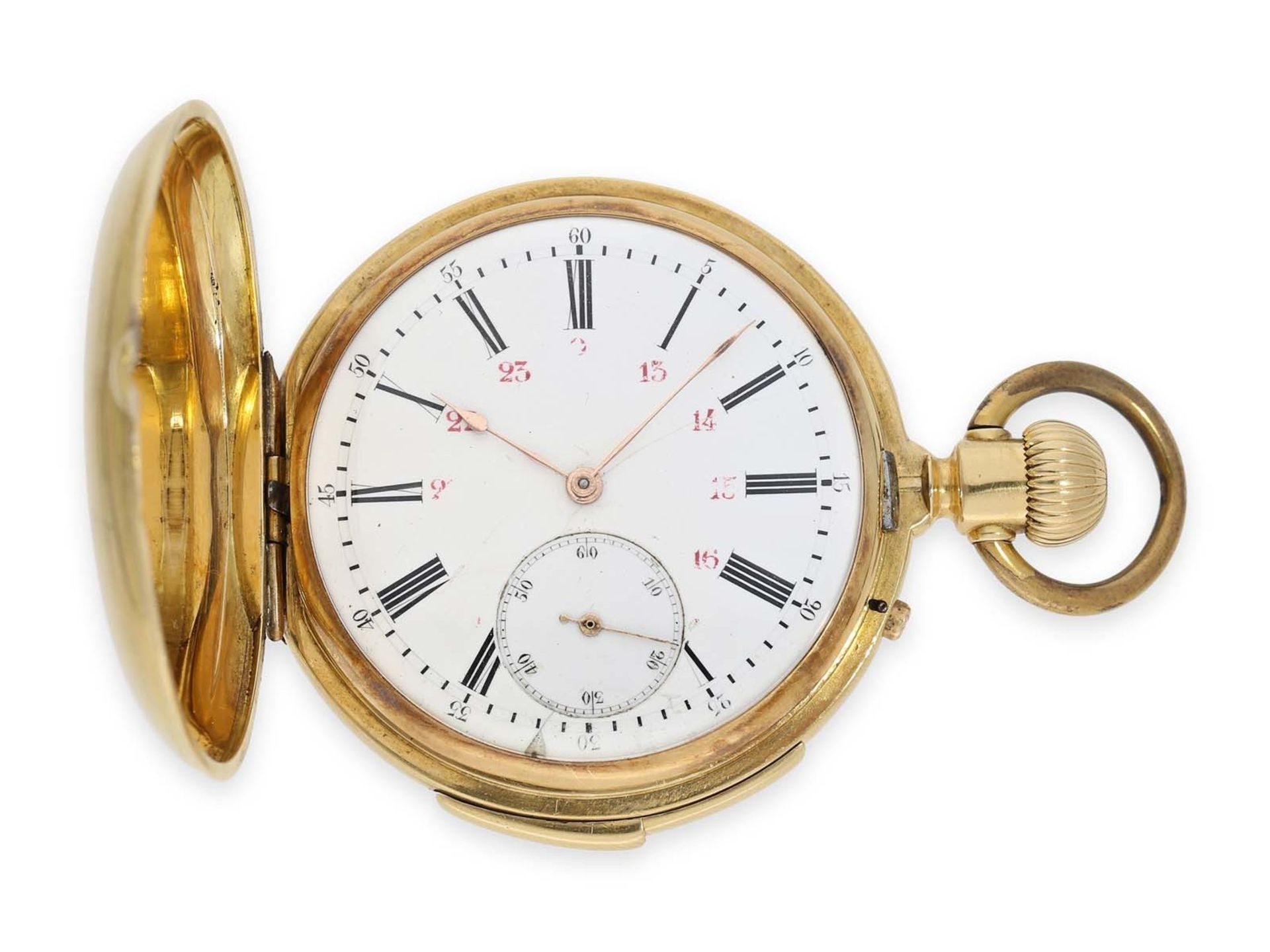 Pocket watch: early Le Coultre gold hunting case watch with concealed enamel painting and minute - Bild 2 aus 7