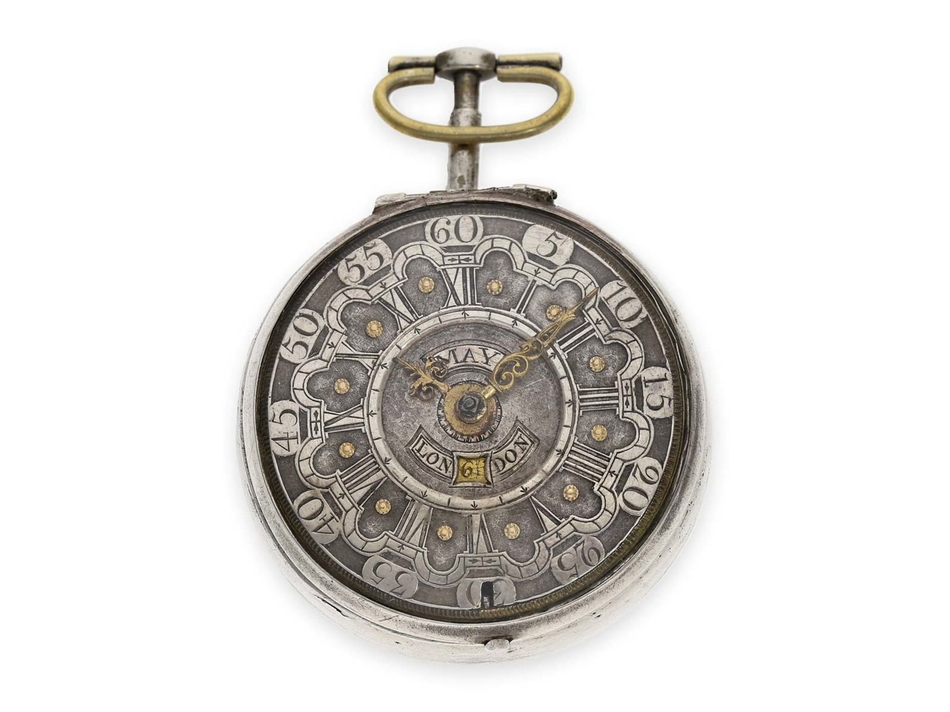 Pocket watch: early large English "Oignon" with date and mock pendulum, John May London No. 5565, - Bild 2 aus 7