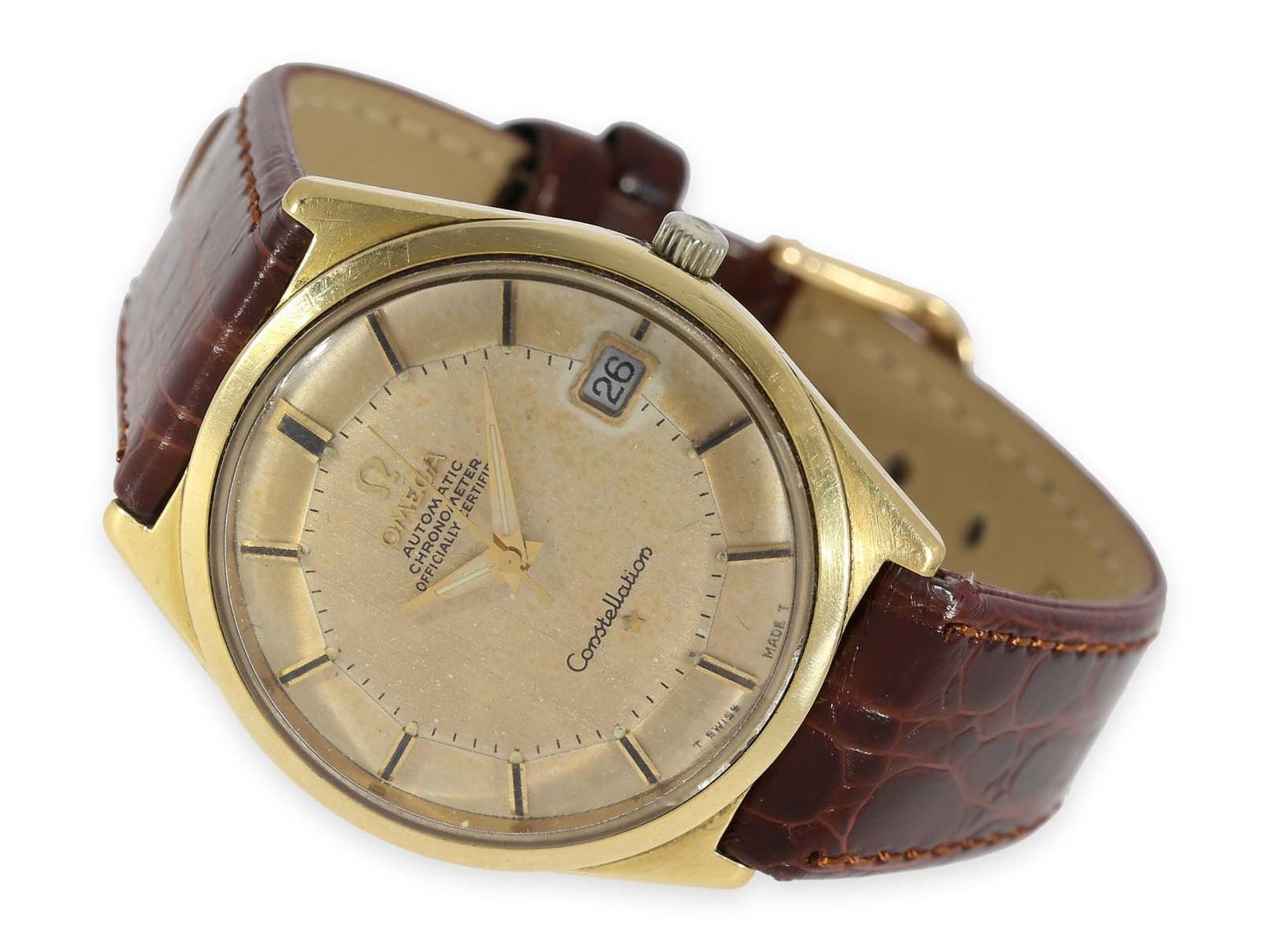 Wristwatch: rare vintage Omega Chronometer, Constellation Waterproof, Salmon "Pie-Pan", 18K gold,