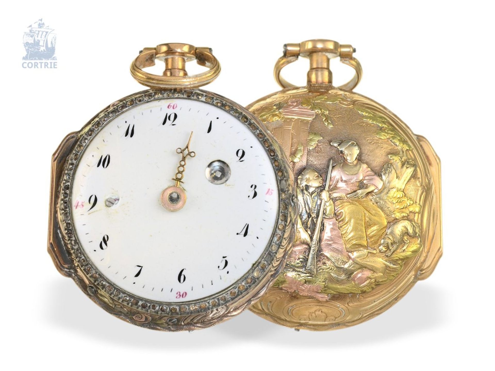 Pocket watch: splendid rococo verge watch with 4-coloured gold case, a toc & a tact repeater, Freres - Bild 2 aus 4