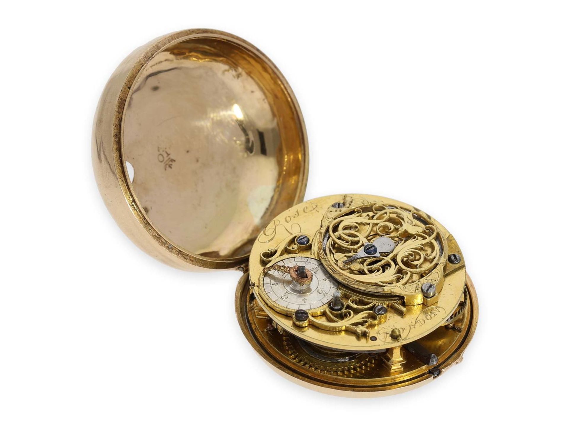 Pocket watch: early triple case gold repousse verge watch, signed Rose London, ca. 1770Ca. Ø53mm, - Bild 5 aus 8