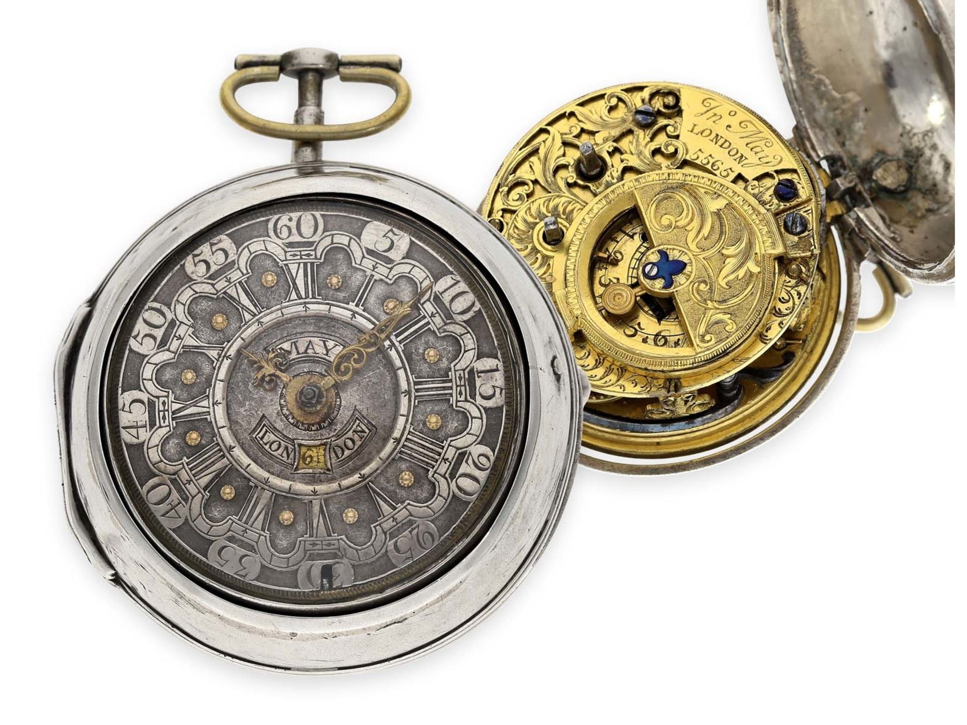Pocket watch: early large English "Oignon" with date and mock pendulum, John May London No. 5565,