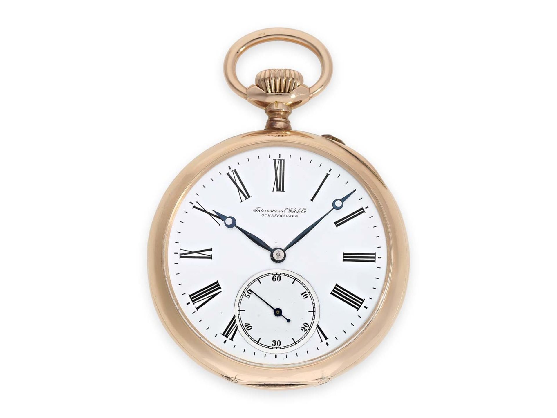 Pocket watch: fine early pink gold IWC man's watch, calibre 52, Schaffhausen ca. 1902Ca. Ø50mm,