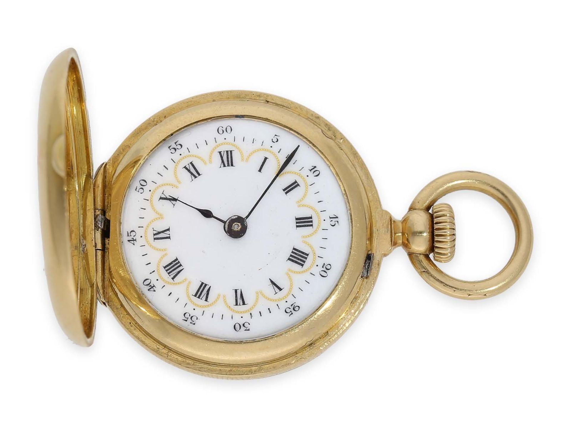Pocket watch: smallest known to us Patek Philippe half hunting case watch with gold/ enamel case,