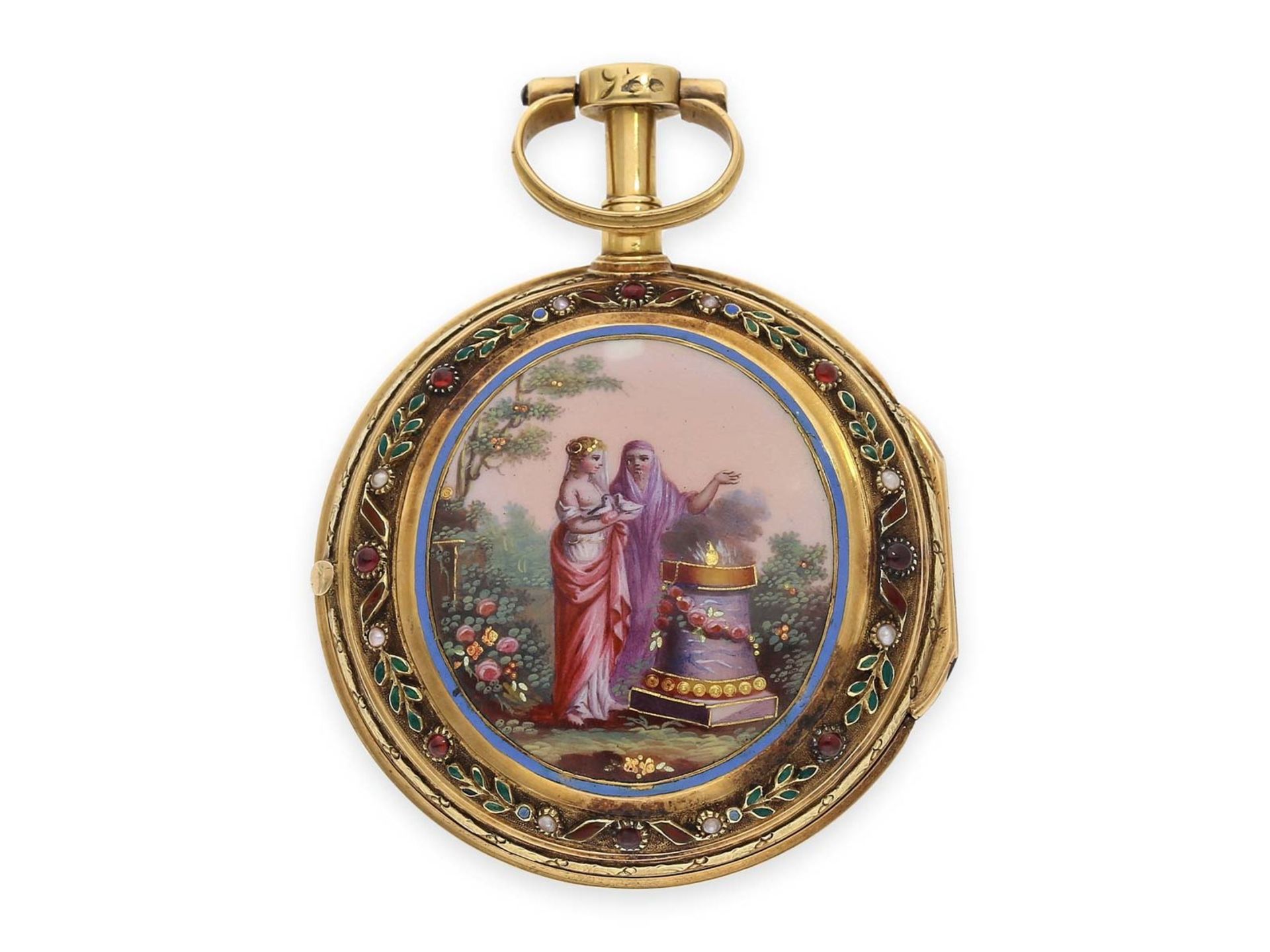 Pocket watch: very fine gold/ enamel verge watch with gem and pearl setting, Vauchez a Paris, ca.