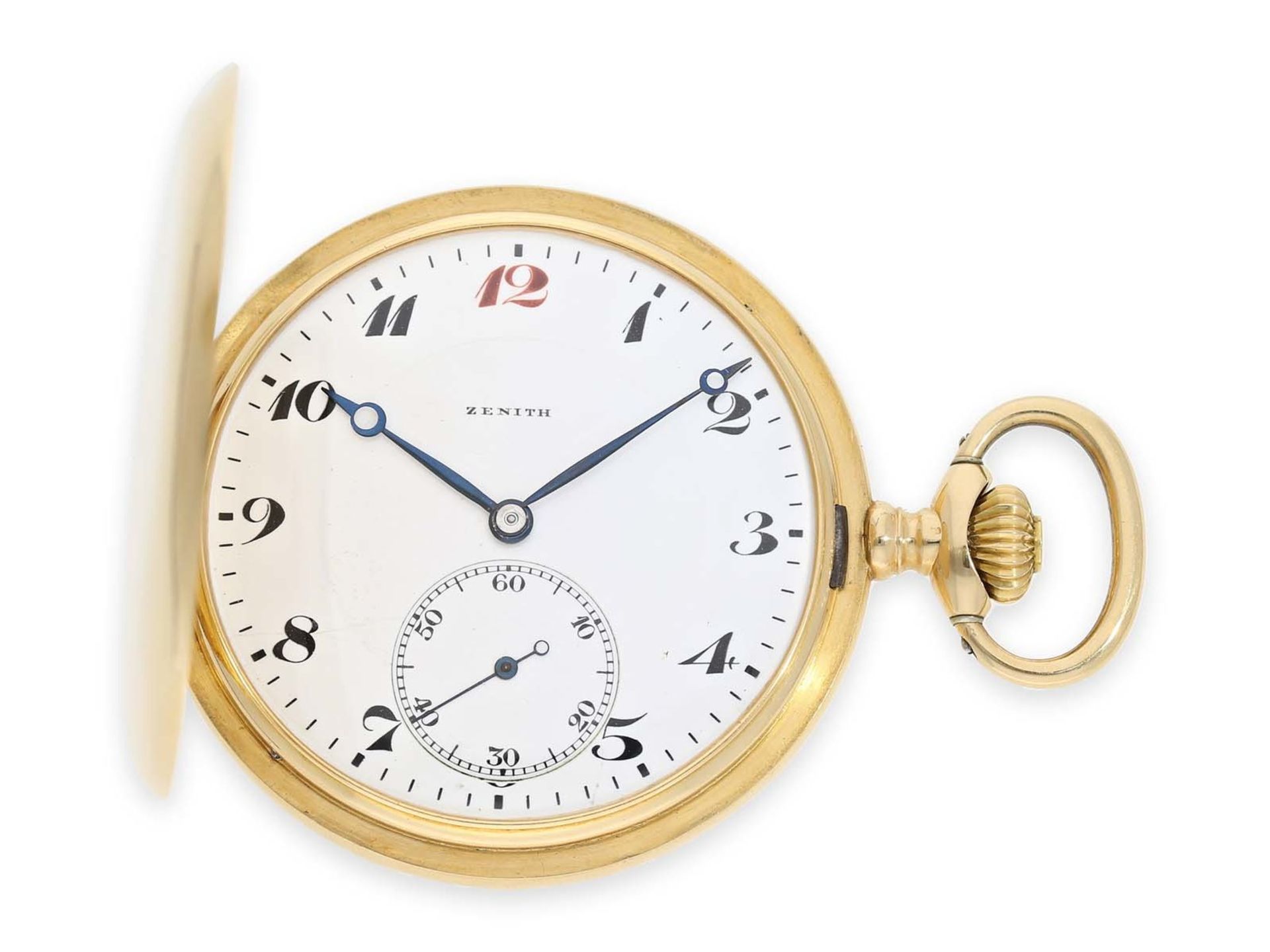 Pocket watch: 18K Zenith gold hunting case watch, ca. 1910Ca. Ø51.5mm, ca. 86g, 18K gold, all 3 lids