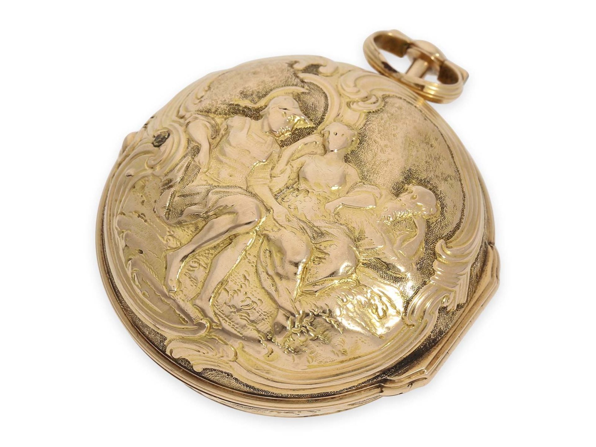 Pocket watch: early triple case gold repousse verge watch, signed Rose London, ca. 1770Ca. Ø53mm, - Bild 7 aus 8