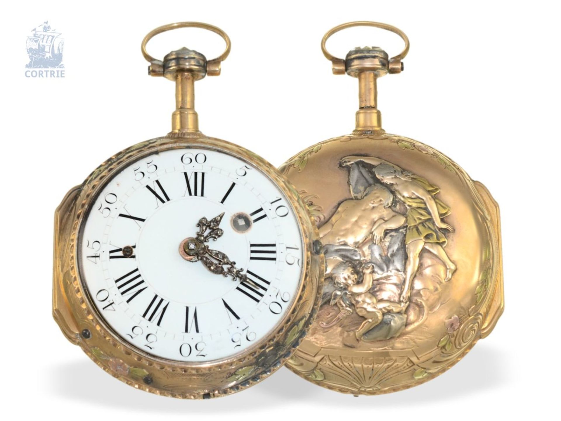 Pocket watch: extravagant multicoloured verge watch by Romilly Paris ca. 1770Ca. Ø47mm, ca. 86g, 20K - Bild 4 aus 5