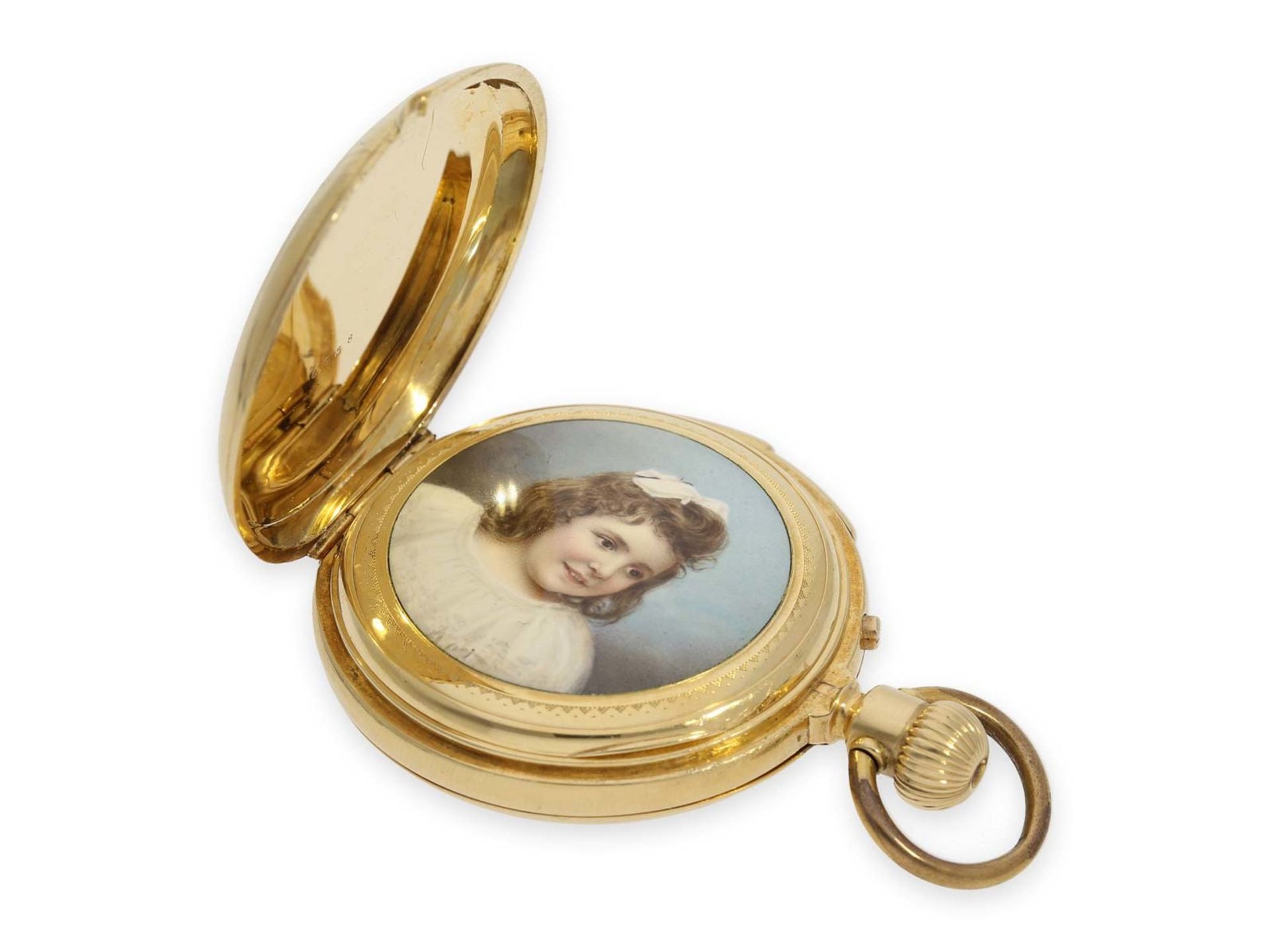 Pocket watch: early Le Coultre gold hunting case watch with concealed enamel painting and minute - Bild 3 aus 7