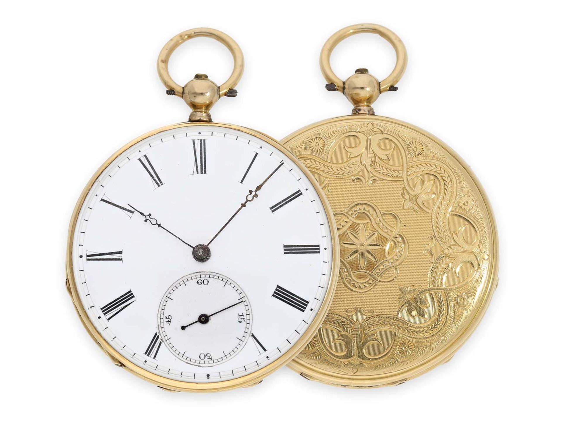 Pocket watch: beautiful engine turned Lepine in 18K gold, ca. 1860Ca. Ø45mm, ca. 49g, 18K gold, back