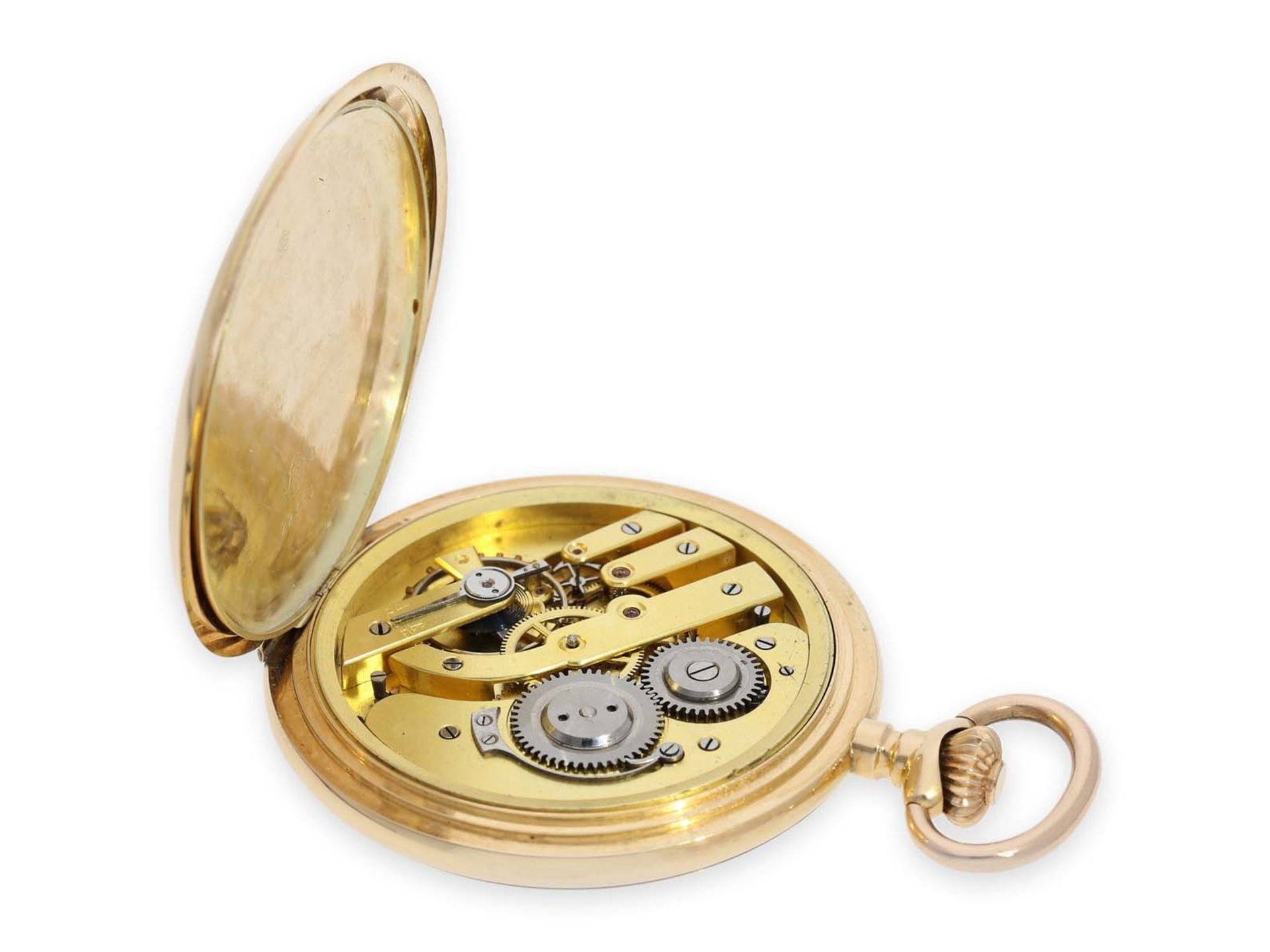 Pocket watch: exceptionally large Swiss gold hunting case watch with precision lever movement, so- - Bild 3 aus 7