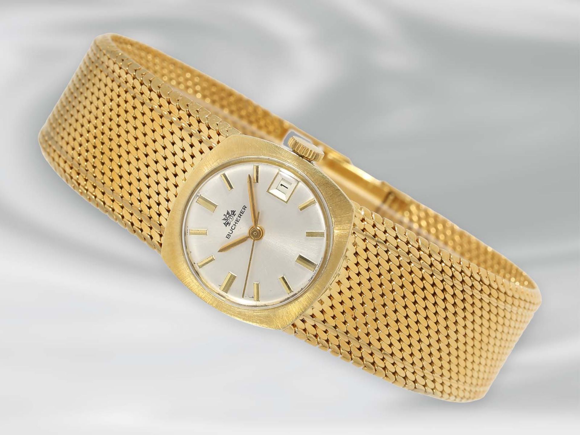 Armbanduhr: hochwertige, seltene goldene vintage Automatic-Damenuhr der Marke Bucherer, 18K