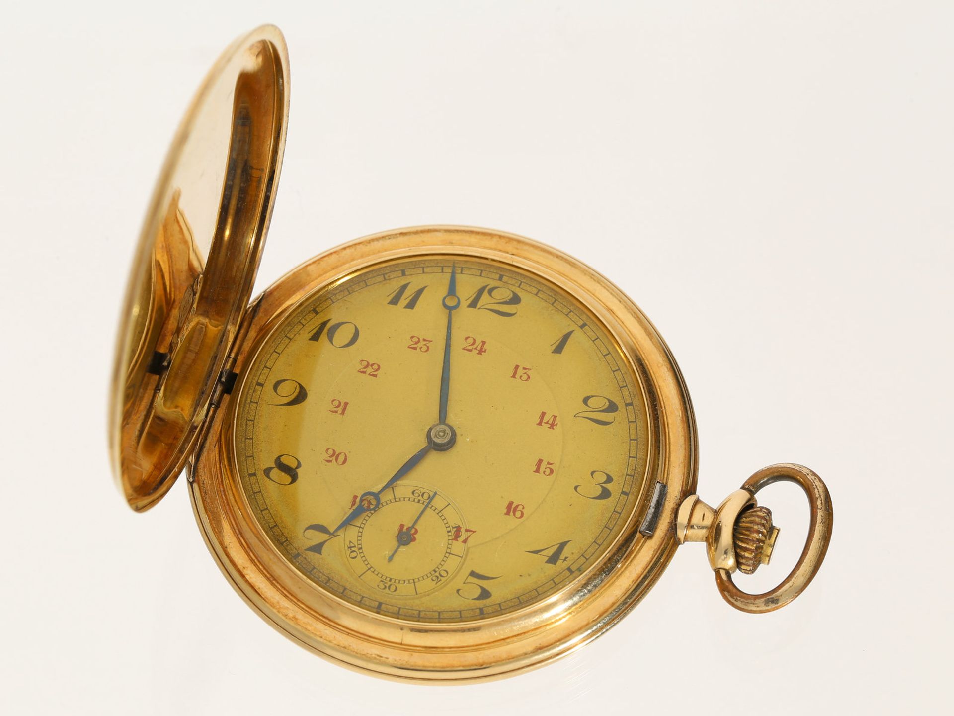 Taschenuhr: flache, elegante Art déco Goldsavonnette, um 1920Ca. Ø52mm, ca. 67g, 14K Gold, beide