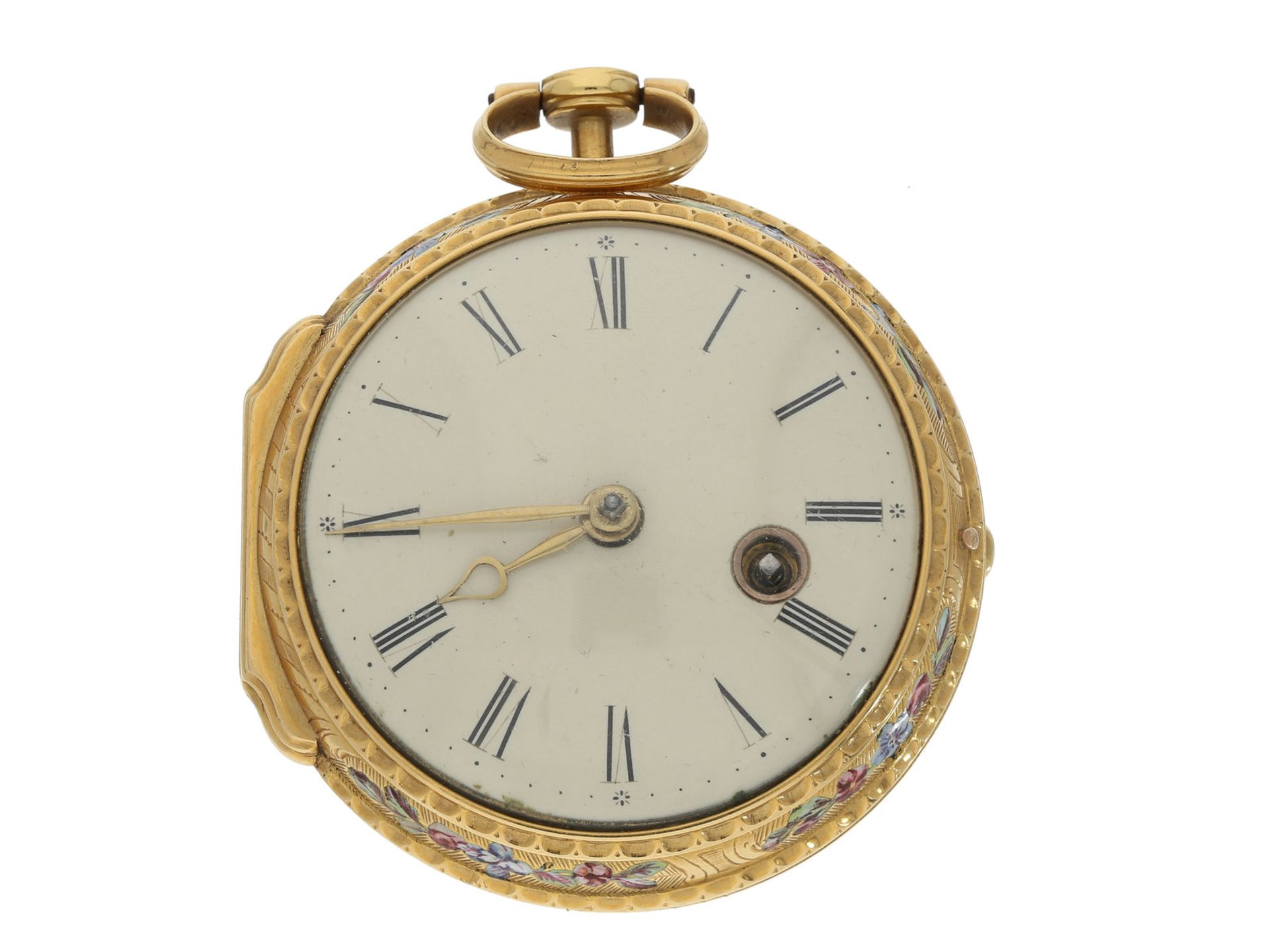 Taschenuhr: Rokoko Spindeluhr mit Emaille-Malerei, Le Roy Paris, um 1760Ca. Ø45mm, ca. 78g, 18K - Image 2 of 3