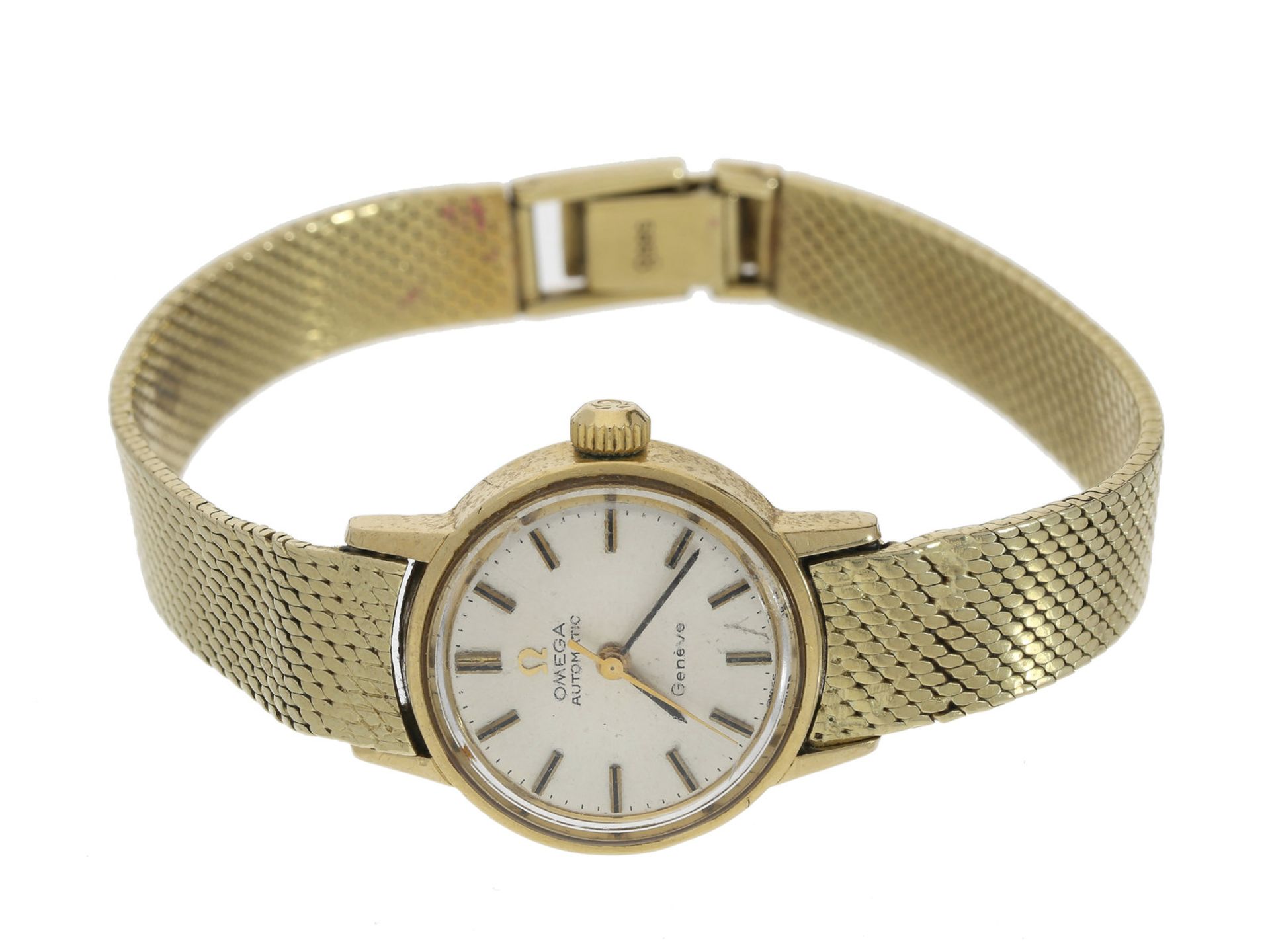 Armbanduhr: goldene vintage Automatik-Damenarmbanduhr der Marke Omega, 18K Gold, Referenz 565.002Ca.