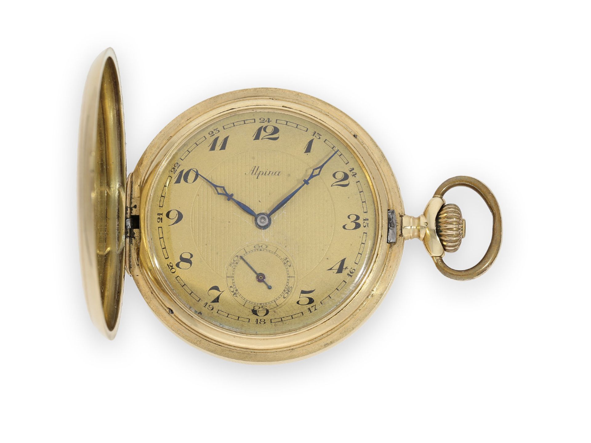 Taschenuhr: sehr schöne Art déco Goldsavonnette der Marke Alpina, ca.1930Ca. Ø50mm, ca. 85g, 14K