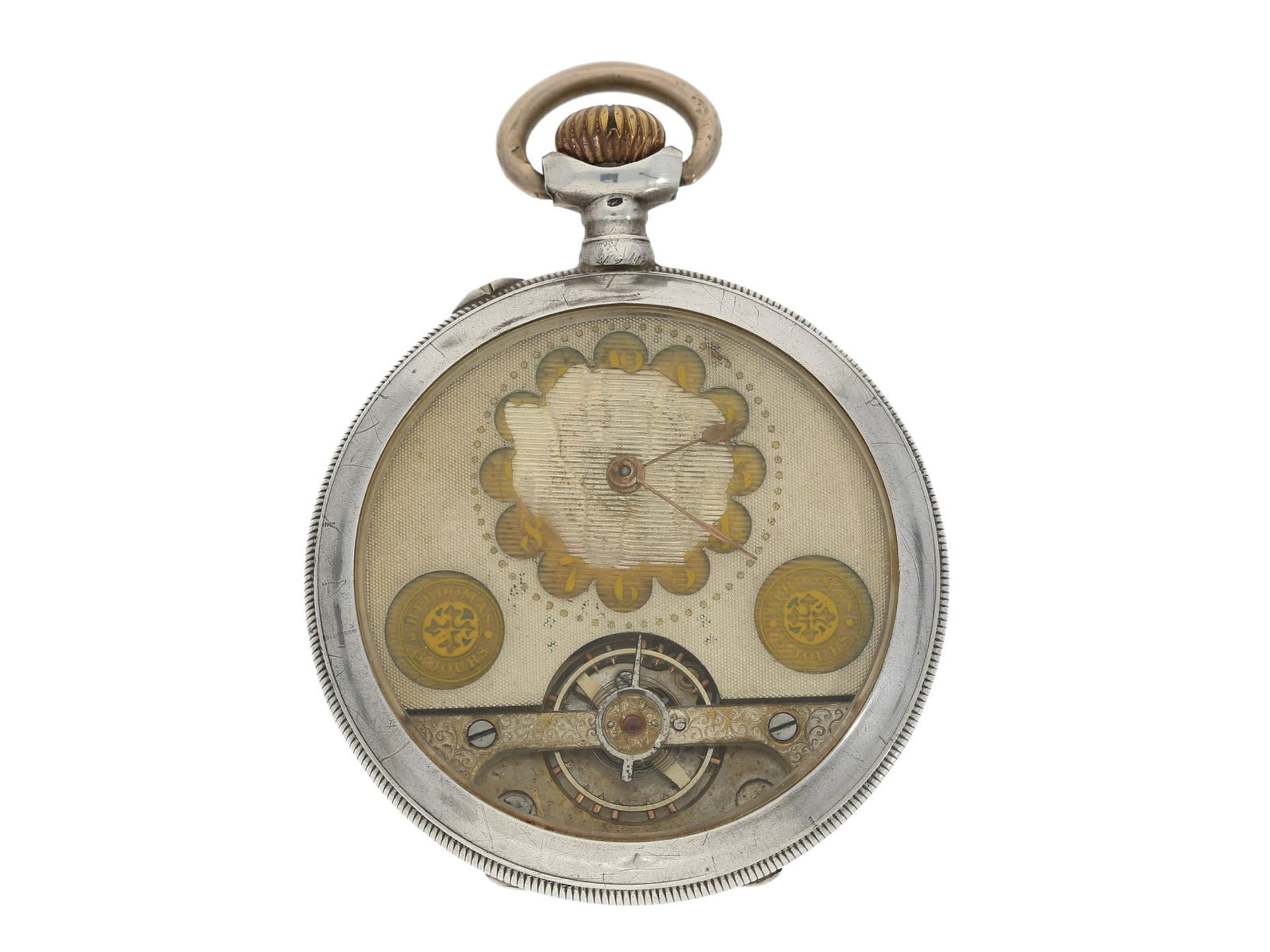 Taschenuhr: silberne Hebdomas Taschenuhr mit 8-Tage-Werk, ca. 1920Ca. Ø49mm, ca. 83g, Silbergehäuse,