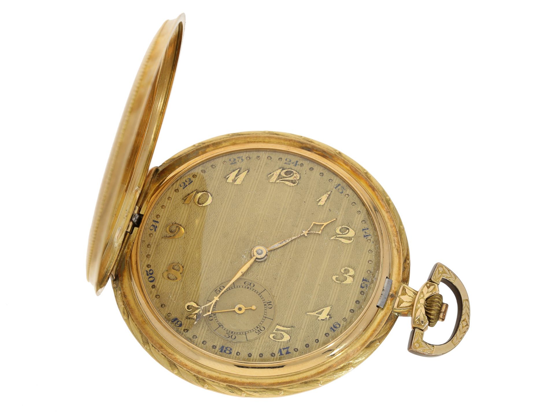Taschenuhr: sehr schöne Art déco Goldsavonnette mit Schachbrett-Dekor, ca. 1930Ca. Ø53mm, ca. 70g,