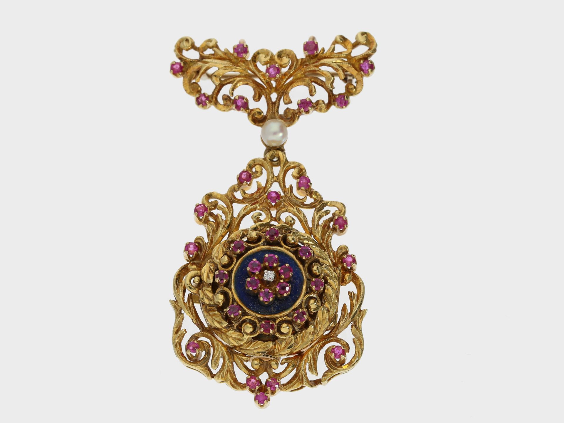 Chatelaine/Broschenuhr: sehr dekorative, opulent verzierte Broschenuhr mit Rubinbesatz, 18K