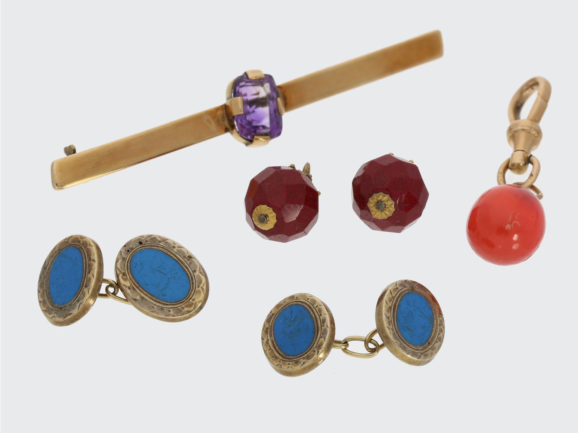 Manschettenknöpfe/Anhänger/Nadel: vintage Schmuckset mit Farbsteinen, 8K und 14K Gold1.