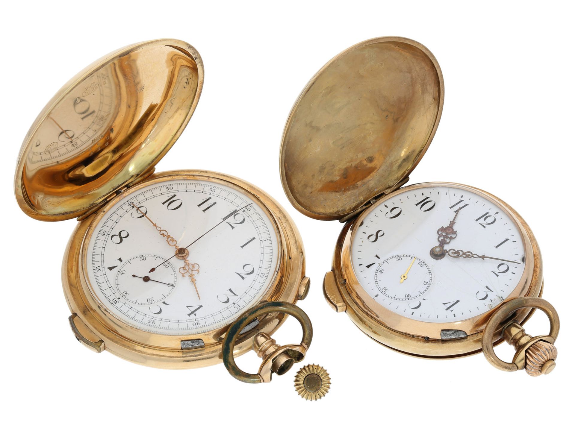 Taschenuhr: Konvolut von 2 Goldsavonnetten mit Schlagwerk, Schweiz um 19001. Große und schwere