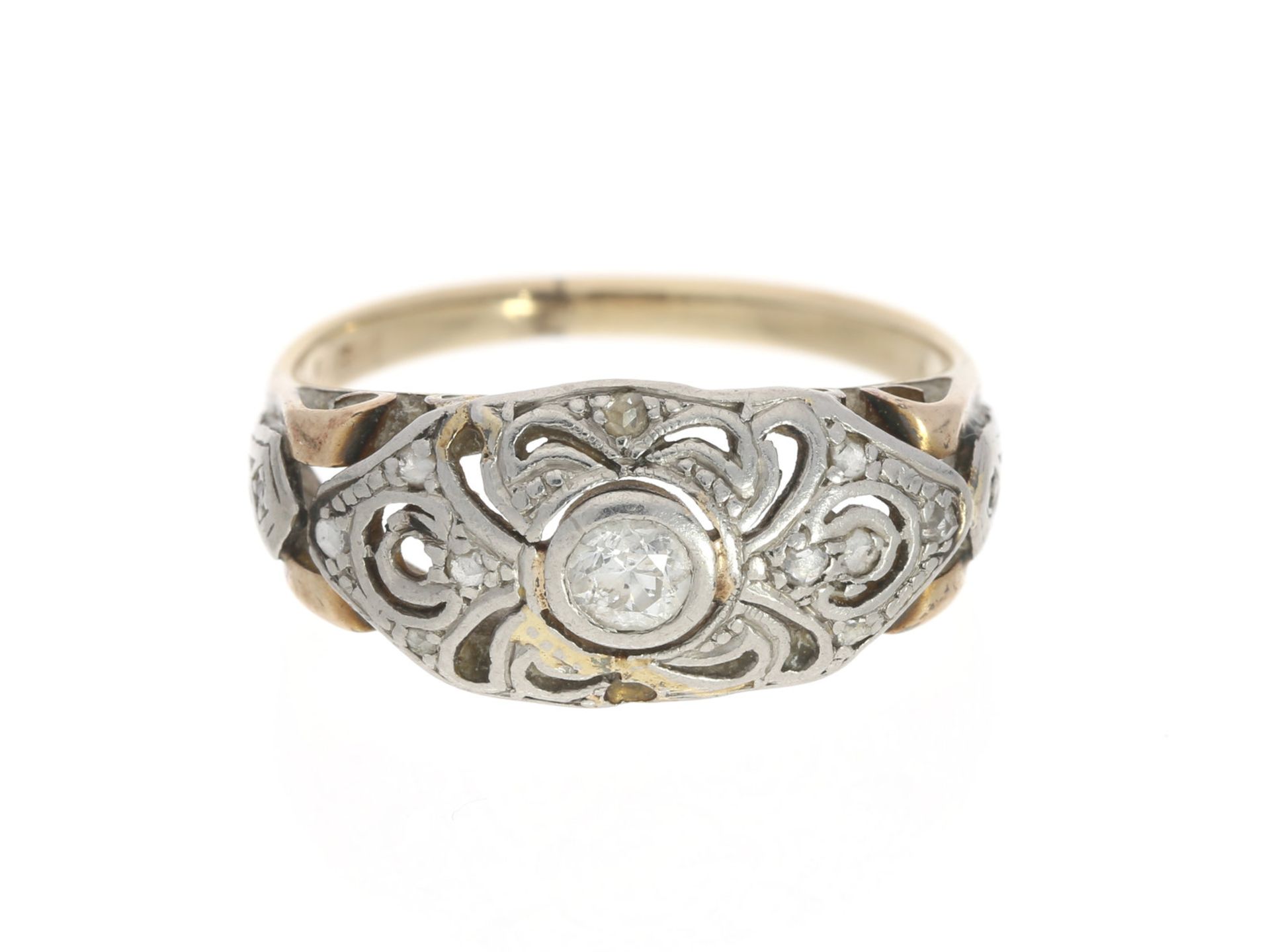 Ring: antiker Goldschmiedering, Altschliff-Diamant von ca. 0,2ctCa. Ø18mm, RG57, ca. 3,8g, 14K Gold,