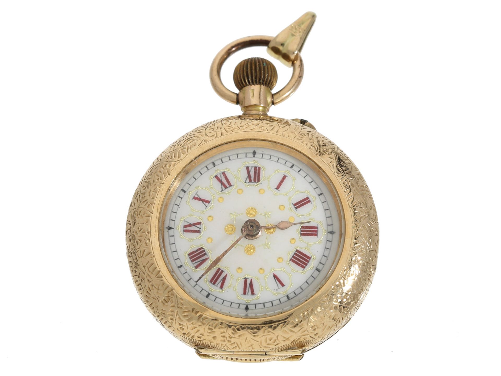 Taschenuhr: kleine goldene Damentaschenuhr/Anhängeuhr mit dekorativem Emaillezifferblatt, ca.