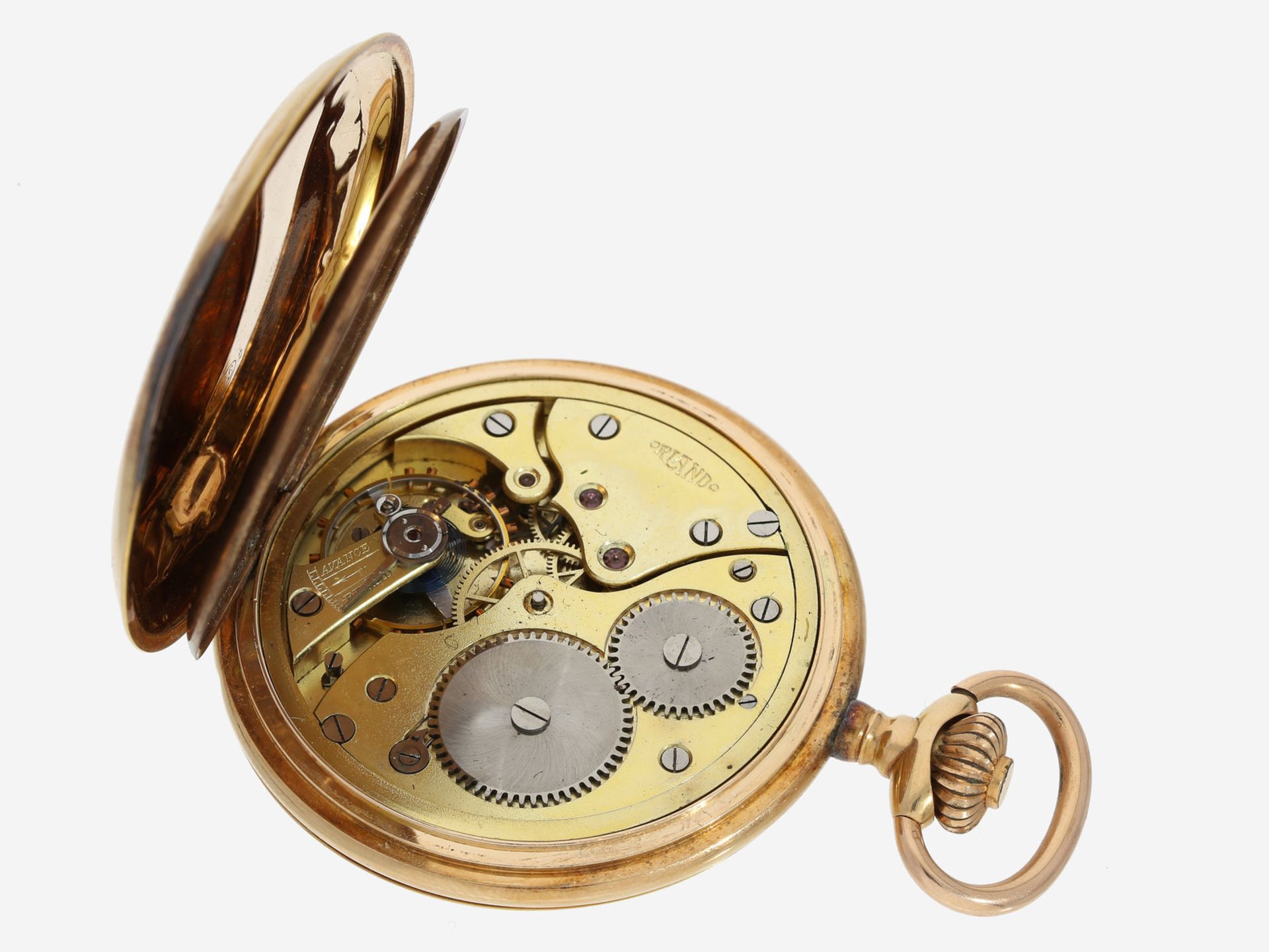 Taschenuhr: Goldsavonnette, um 1910Ca. Ø52mm, ca. 83g, 14K Gold, Staubdeckel vergoldet, Gehäuse - Image 3 of 3