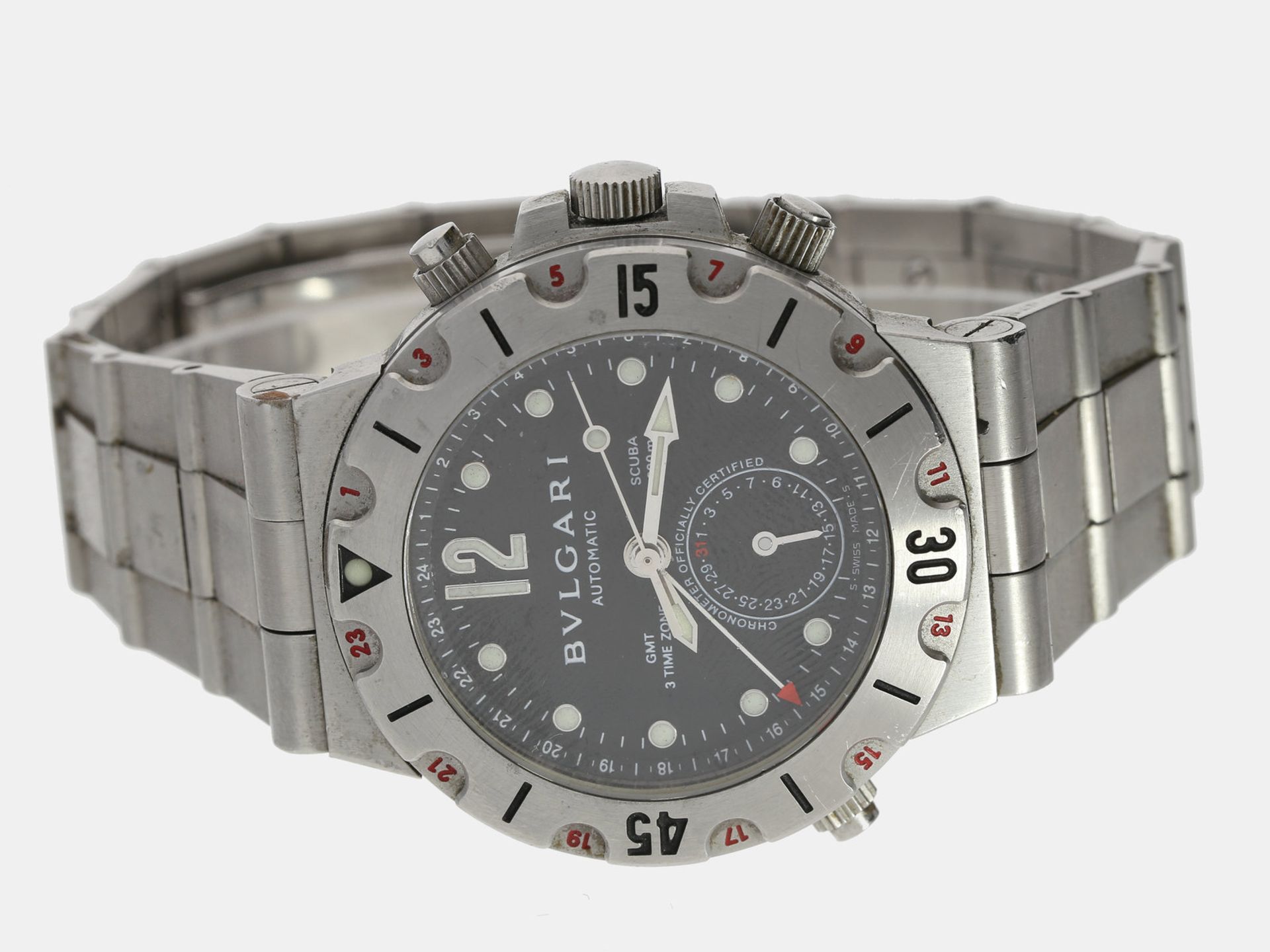 Armbanduhr: luxuriöser Taucher-Chronograph in Edelstahl, "BVLGARI DIAGONO SCUBA SD38S GMT", ca.