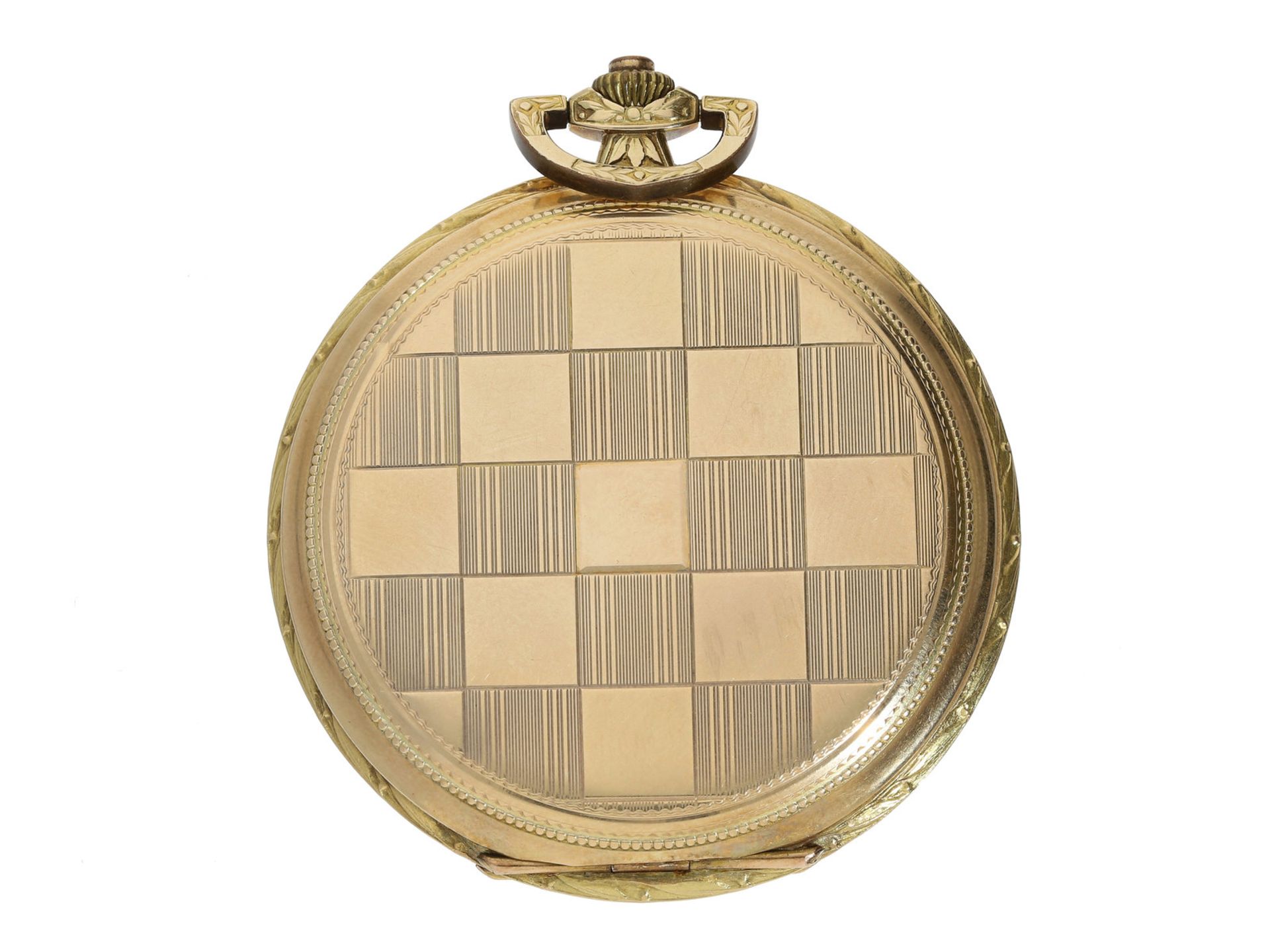 Taschenuhr: sehr schöne Art déco Goldsavonnette mit Schachbrett-Dekor, ca. 1930Ca. Ø53mm, ca. 70g, - Image 2 of 3