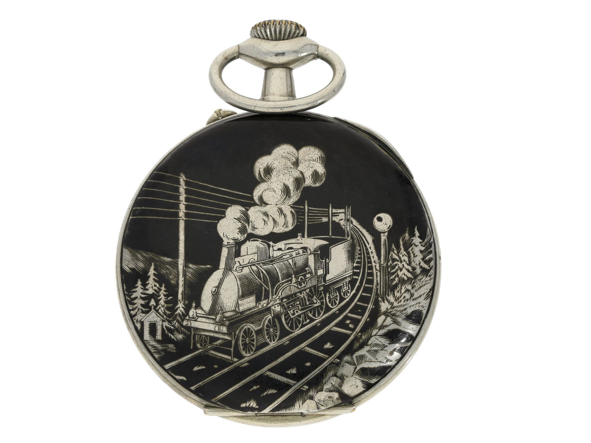 Taschenuhr: große attraktive übergroße Doxa Eisenbahneruhr mit Tuladekoration, ca. 1906Ca. Ø68,