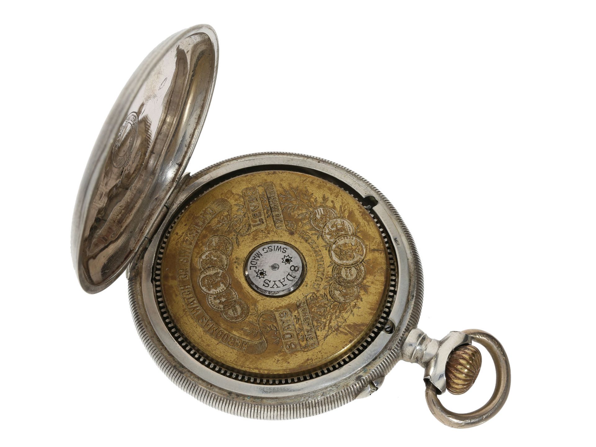 Taschenuhr: silberne Hebdomas Taschenuhr mit 8-Tage-Werk, ca. 1920Ca. Ø49mm, ca. 83g, Silbergehäuse, - Bild 2 aus 2