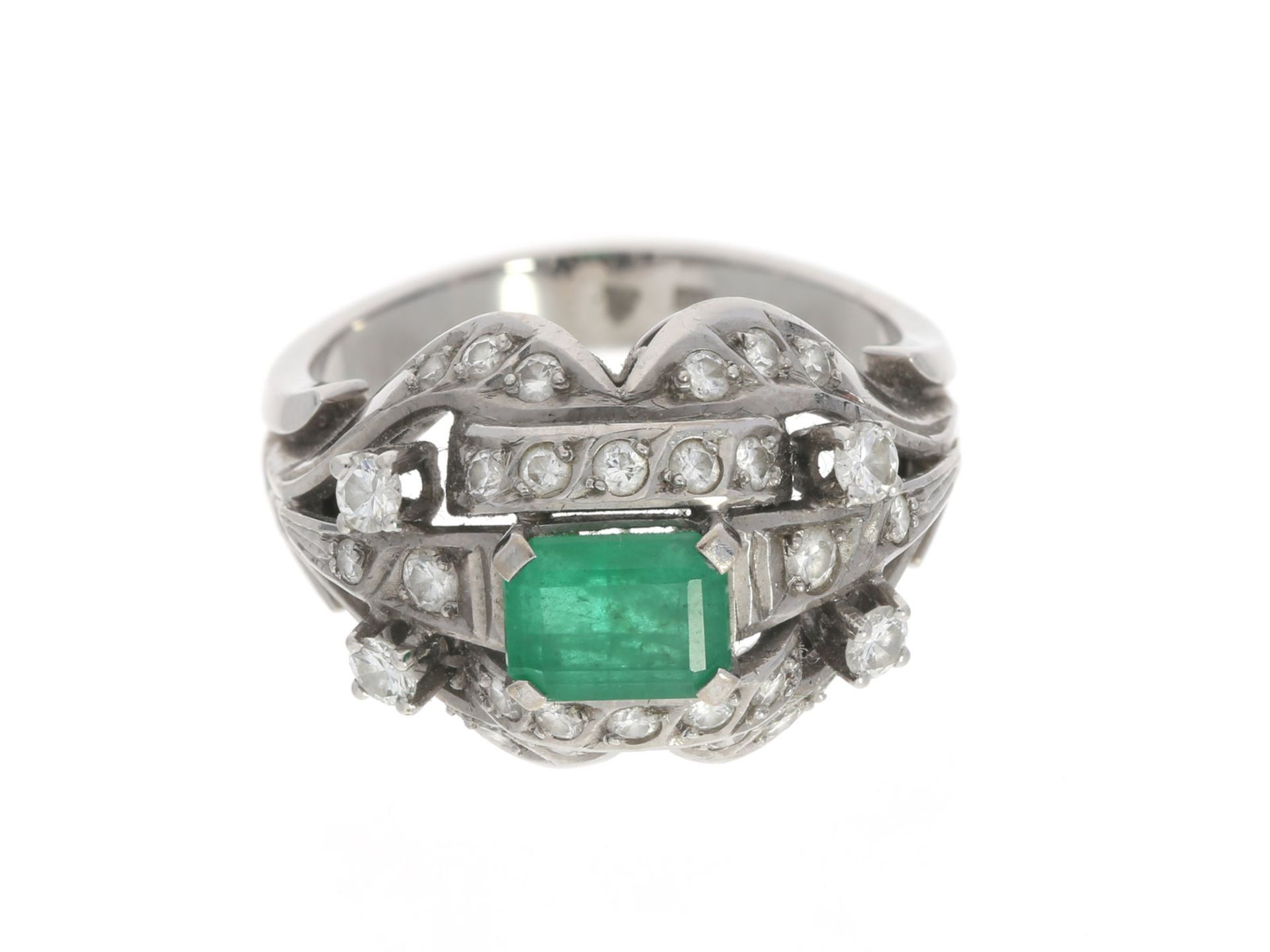 Ring: aufwändig gefertigter vintage Smaragd/Brillant-Goldschmiedering aus 18K WeißgoldCa. Ø17mm,