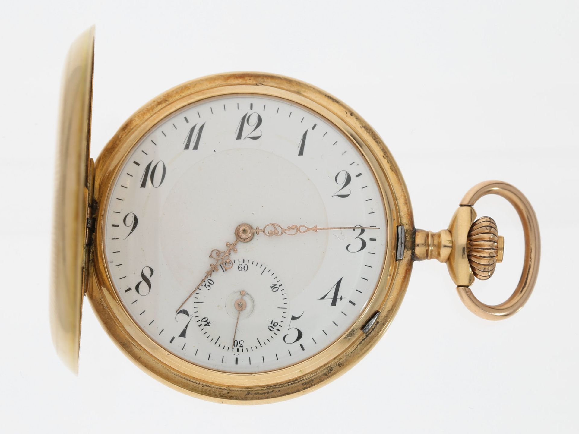 Taschenuhr: Goldsavonnette, um 1910Ca. Ø52mm, ca. 83g, 14K Gold, Staubdeckel vergoldet, Gehäuse
