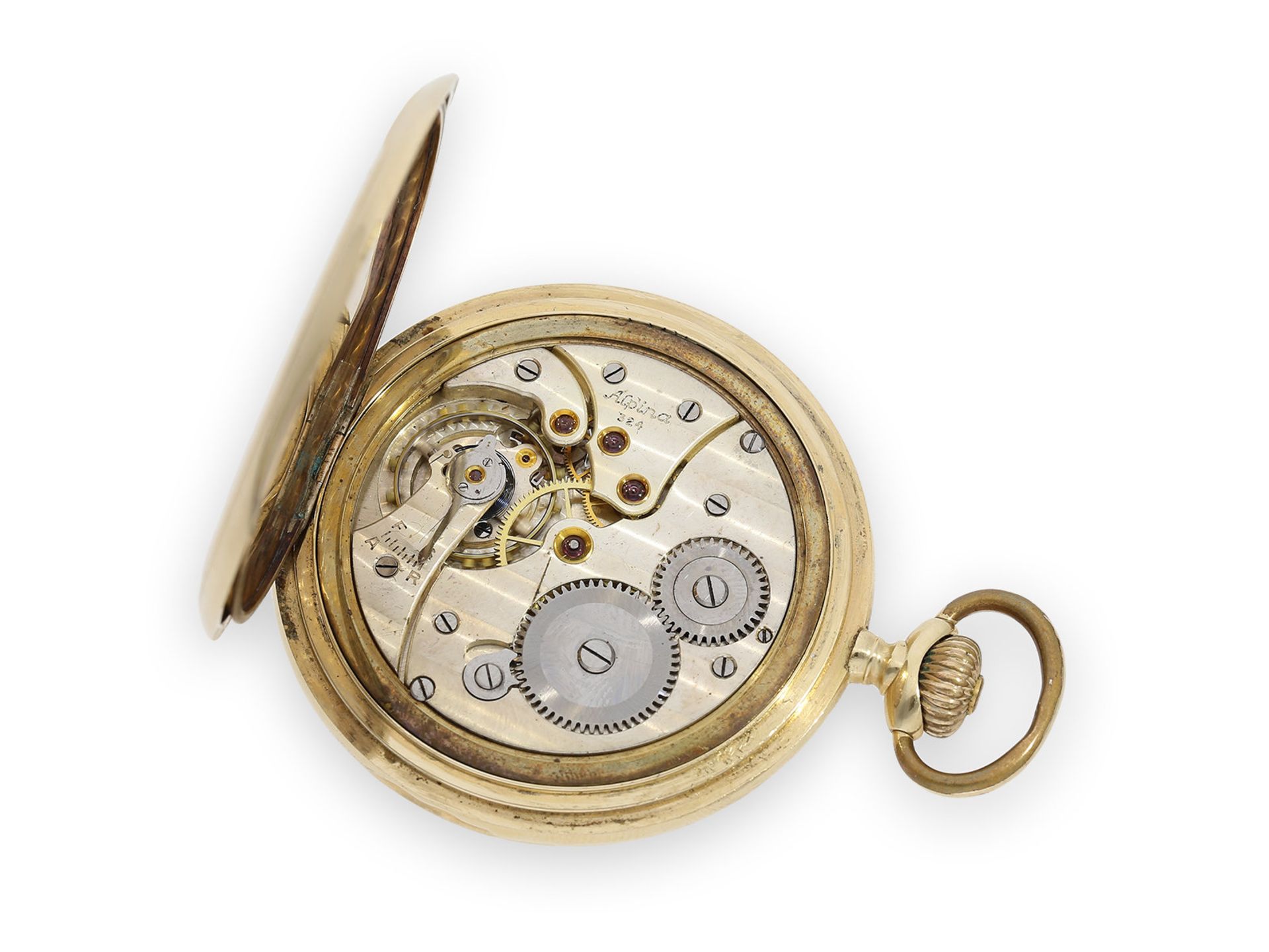 Taschenuhr: sehr schöne Art déco Goldsavonnette der Marke Alpina, ca.1930Ca. Ø50mm, ca. 85g, 14K - Image 2 of 4