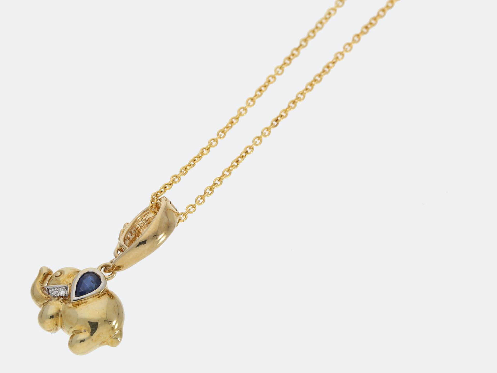 Kette/Collier: kleiner Goldanhängerclip, Motiv Elefant, mit vergoldeter Sterlingsilberkette, 14K