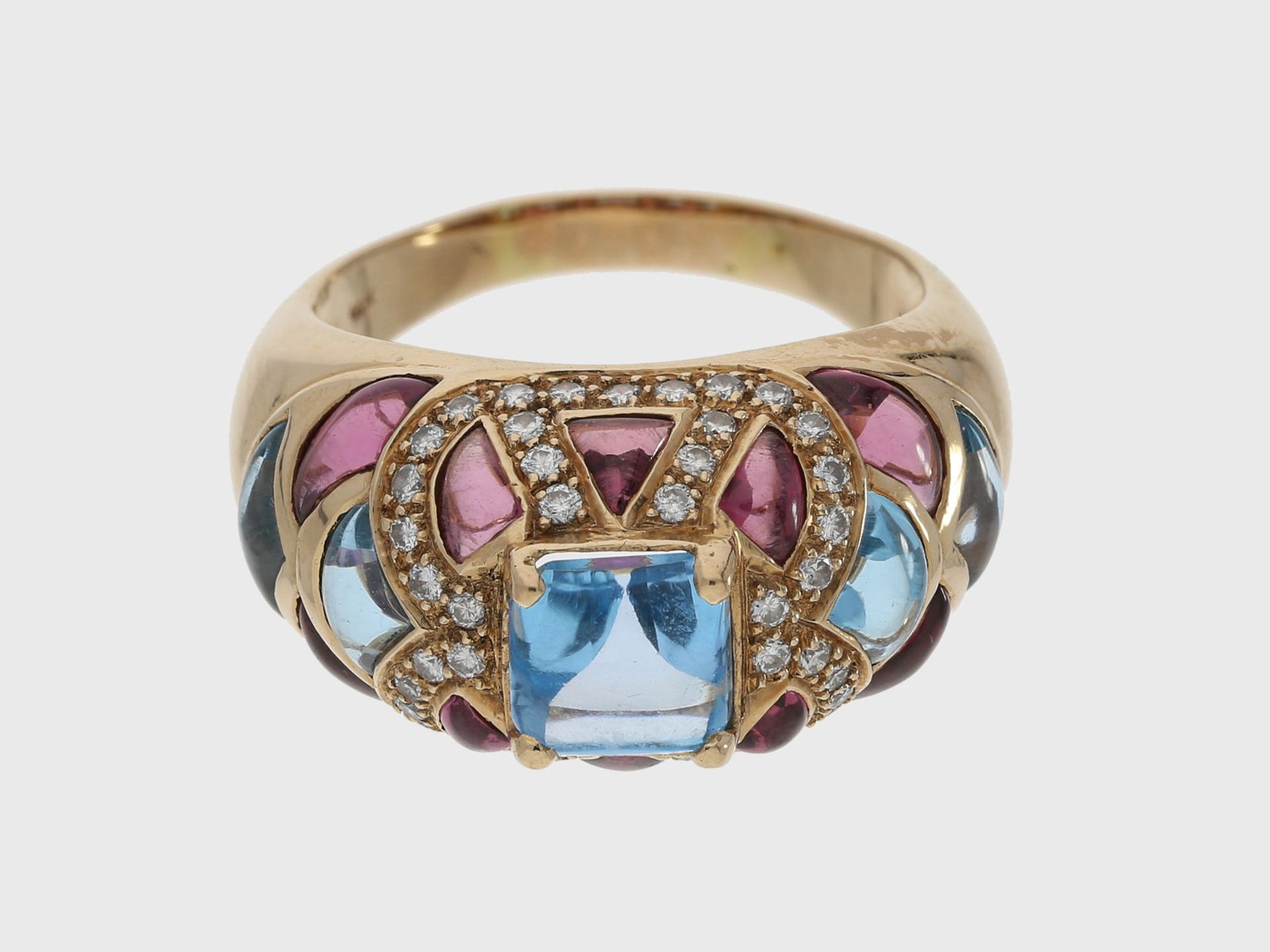 Ring: attraktiver Topasring mit reichem Edelsteinbesatz, 14K RoségoldCa. Ø19mm, RG60, Breite oben