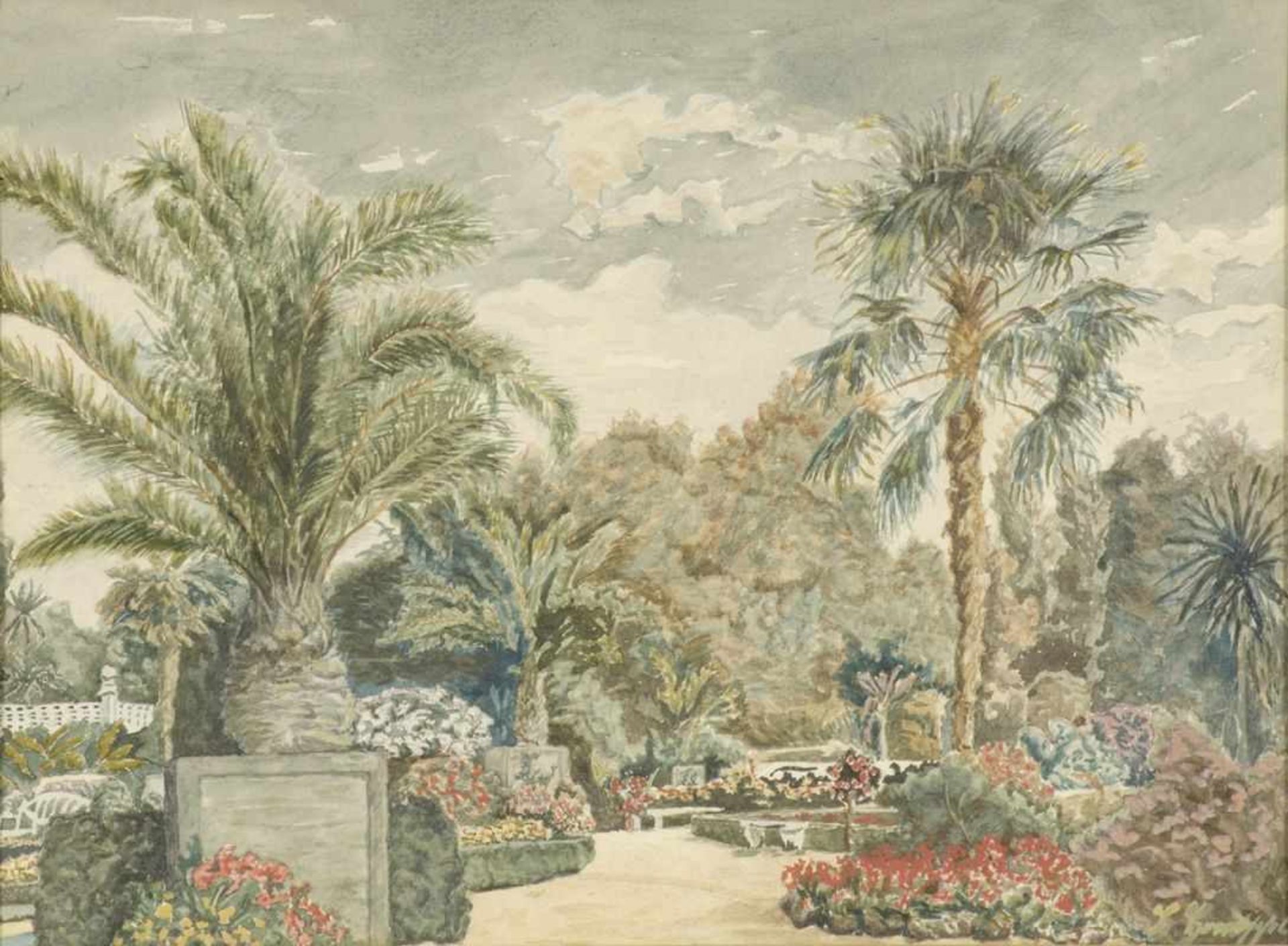 Künstler des 20. Jahrhunderts- Palmengarten - Gouache. 19,5 x 26,5 cm. Unleserlich sign. r. u. Unter