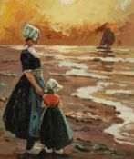 Harry HaerendelHamburg 1896 - 1991 - Mutter und Tochter am Meer - Öl/Lwd. 70 x 60 cm. Sign. r. u.: