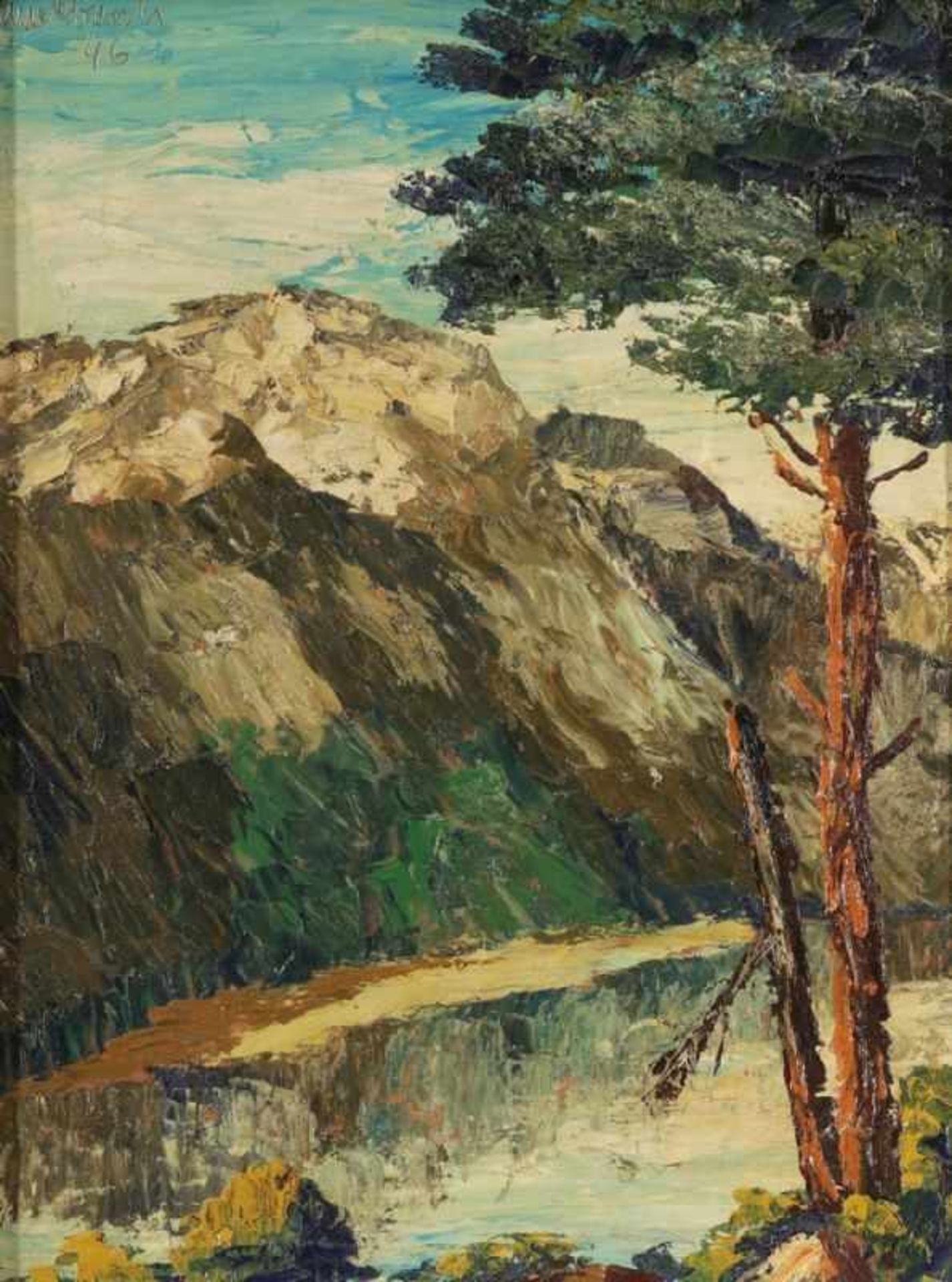 Künstler des 20. Jahrhunderts- Gebirgslandschaft - Öl/Hartfaser. 58 x 44 cm. Undeutl. sign. und dat.