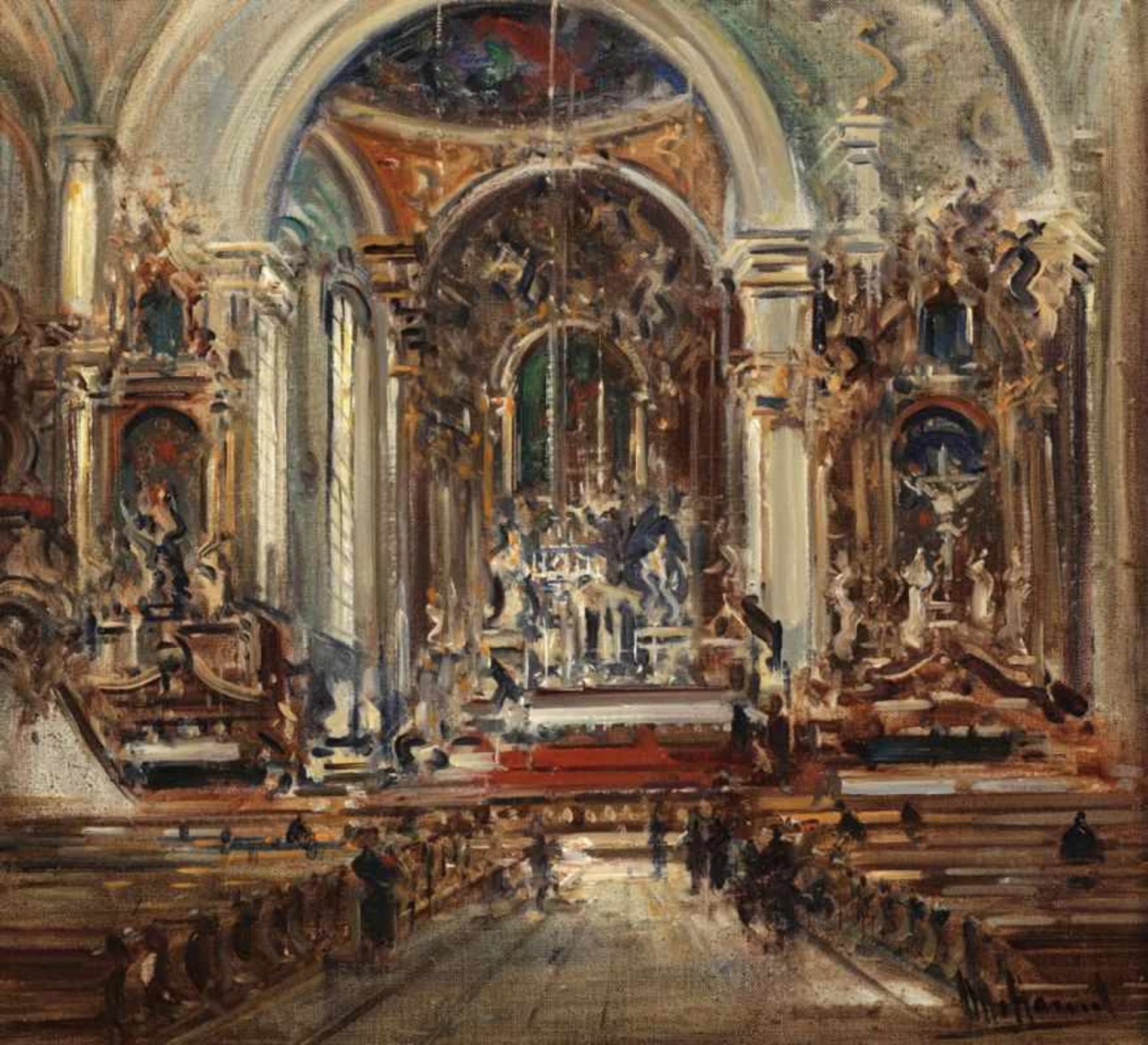 Otto Hamel1866 Erfurt - 1950 Lohr - Innenansicht der Pfarrkirche Oberammergau - Öl/Lwd. 32 x 35,5