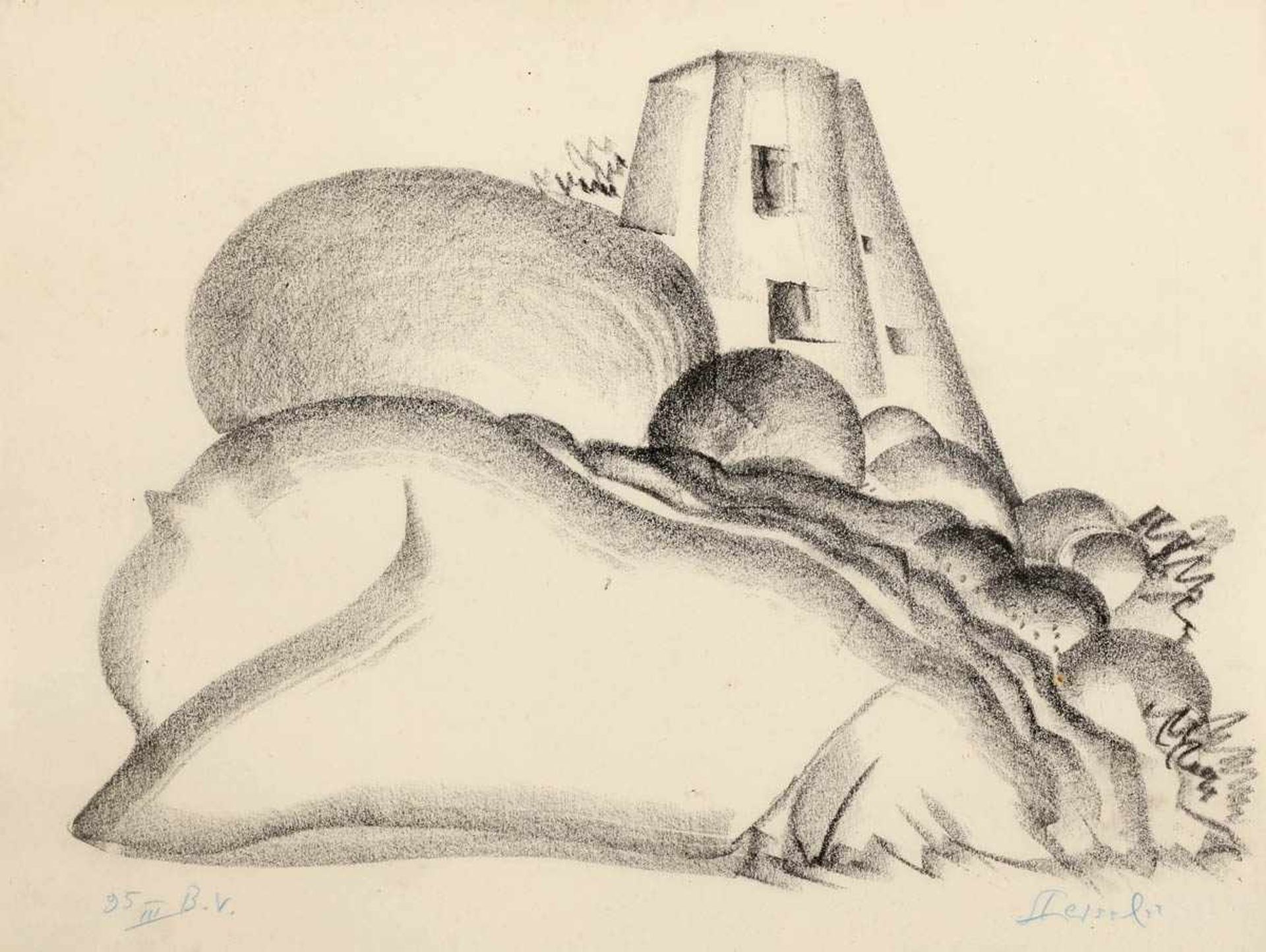 Arnold Leissler d. J.1939 Hannover - 2014 Hannover - "Rocca d'orcia" - Kohle/Papier auf Karton. 30 x