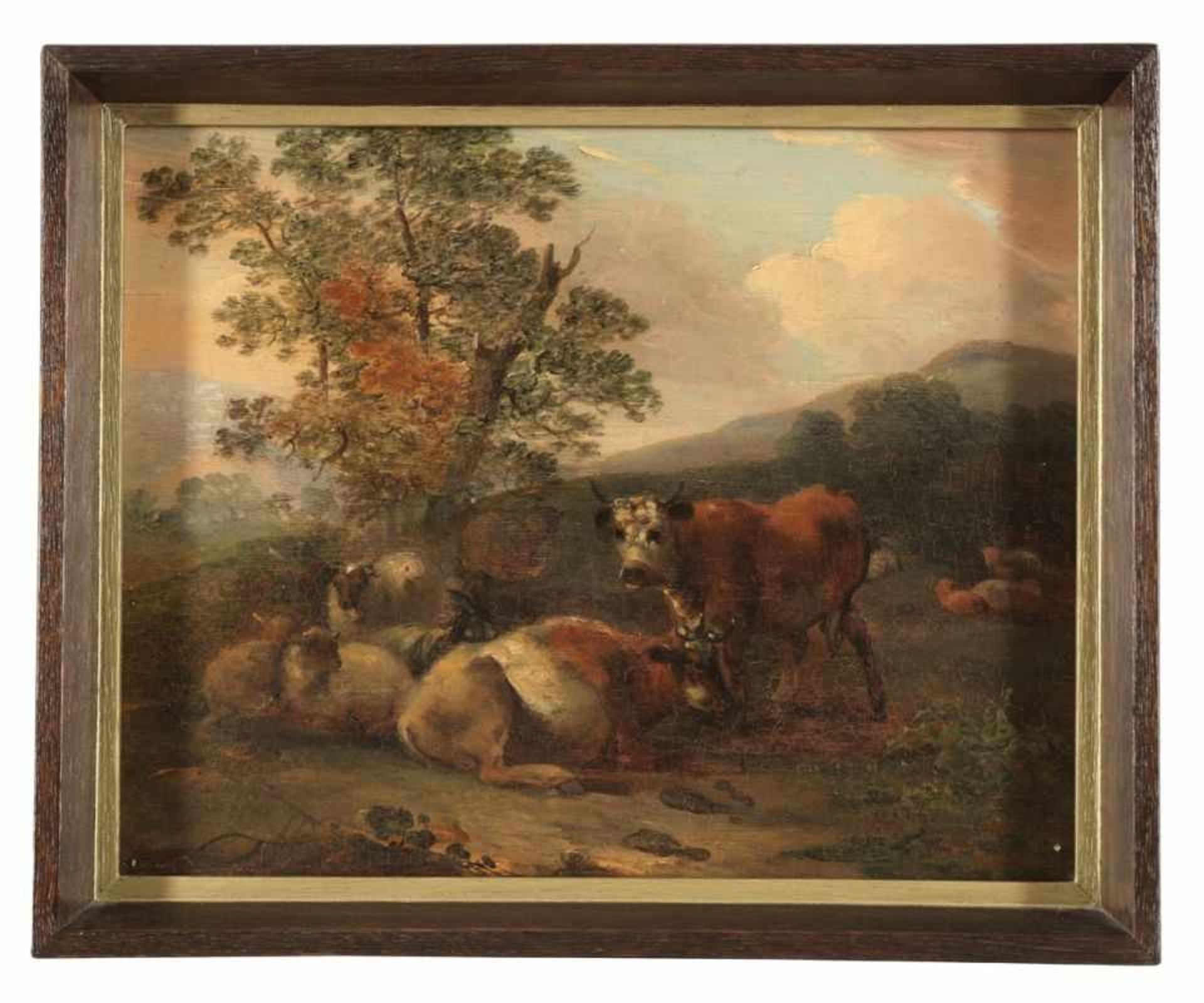 Künstler des 18. Jahrhunderts- Kühe auf dem Feld - Öl/Holz. 36 x 29 cm. Unsigniert. Rahmen. Rest. - Bild 2 aus 2