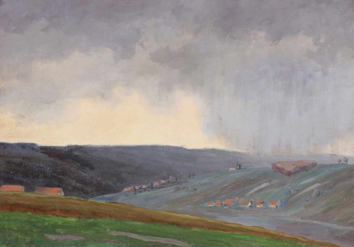 Ernst Pasqual Jordan1858 Hannover - 1924 Barsinghausen - Hügelige Landschaft bei Regen - Öl/festen